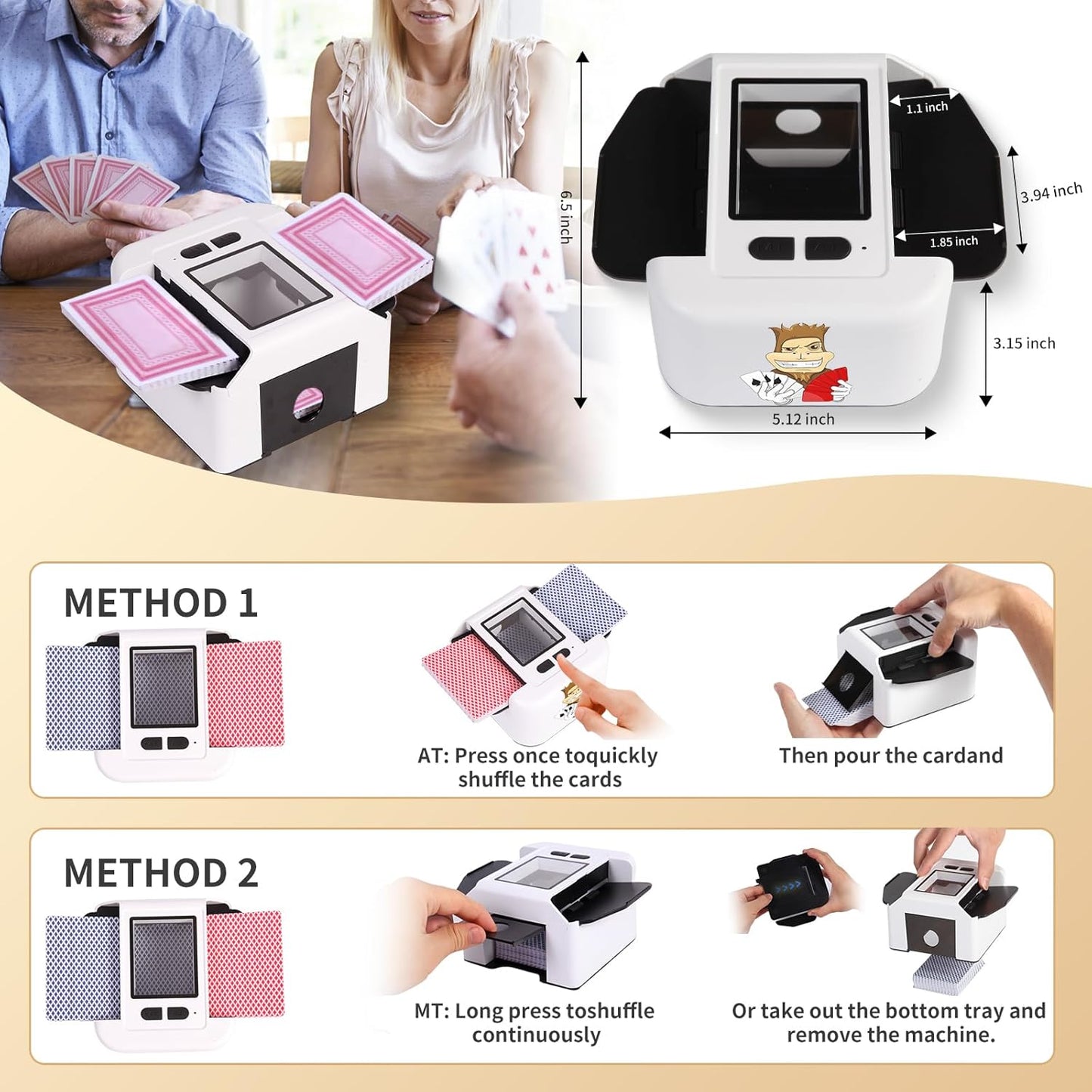 Rechargeable Automatic Card Shuffler 2 Decks, 2000 mAh Built in Battery USB-C Charge, Low Noise Fast Shuffler, Smart Auto Shuffler for UNO Poker Skip-Bo Canasta Texas Hold'em Skyjo