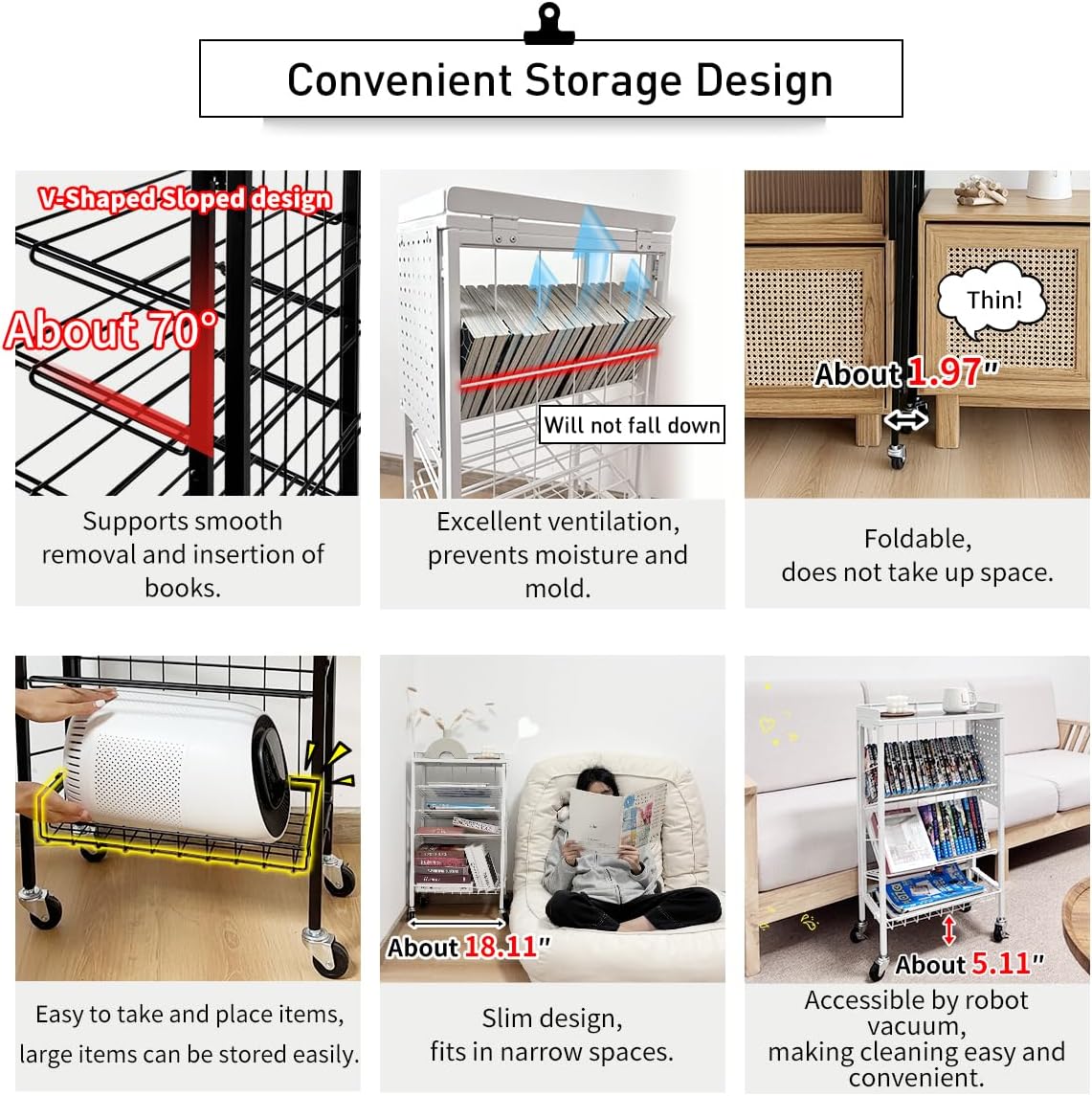 Lumizone Foldable Book Cart 6-Tier Large Capacity Bookshelf Single Sided V-Shaped Sloped Shelves With brake Wheels With PegBoard Slim Rolling Utility Cart Storage Rack, Home Shelves and Office (White)