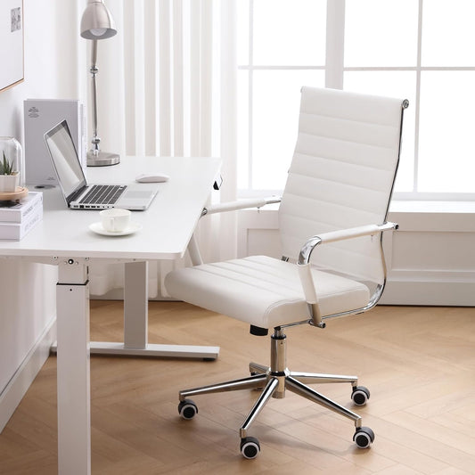 Home Office Chair Ribbed, Modern Leather Conference Room Chairs, Ergonomic Office Desk Chair, High Back Executive Computer Chair, Adjustable Swivel Chair with Arms (White)