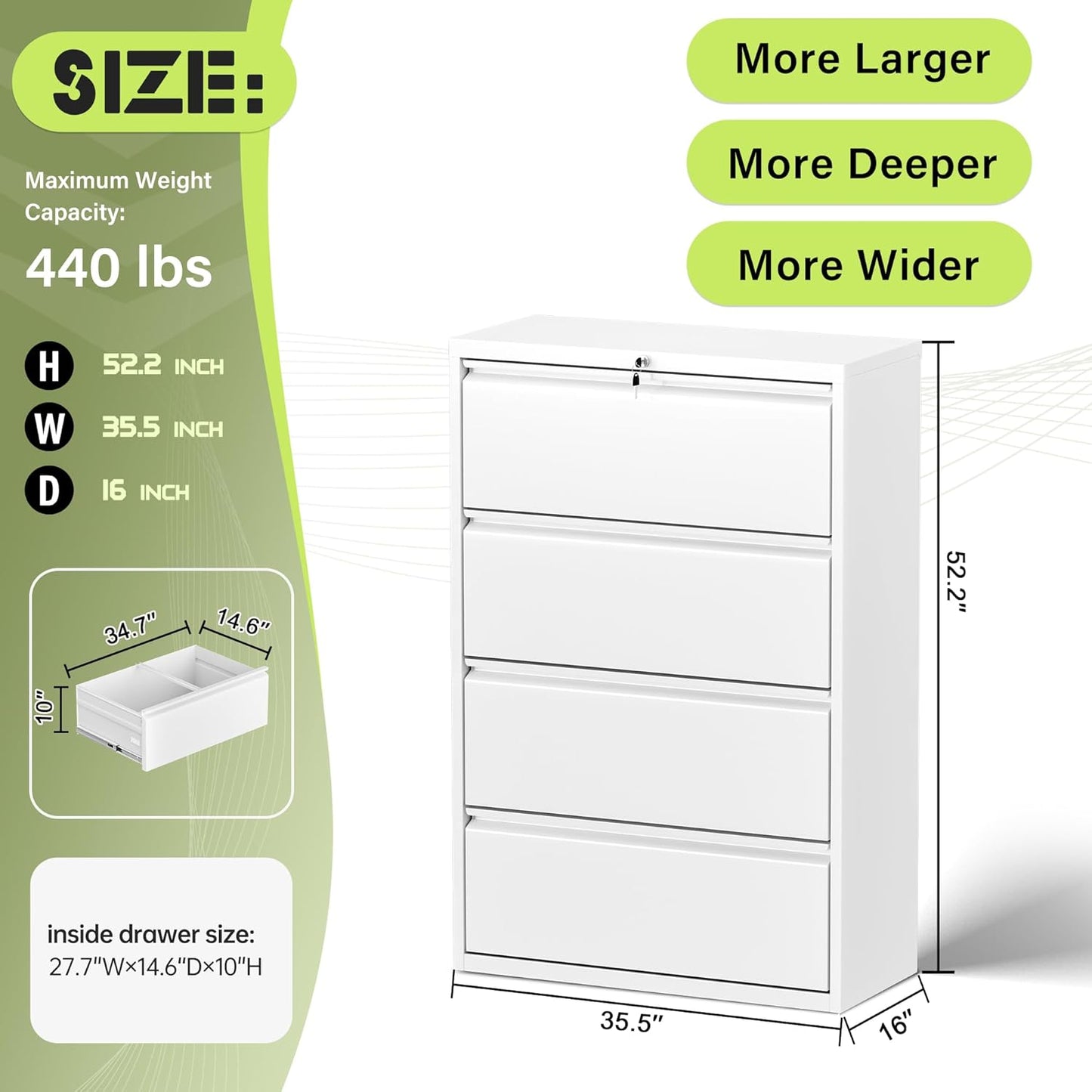 Incbruce 36" W 4 Drawer Lateral File Cabinet, Metal 4 Drawer Lateral Filing Cabinet with Lock, Steel Wide Filing Organization Storage Cabinet for Home, Office, Fit A4/F4/Letter/Legal File (White)
