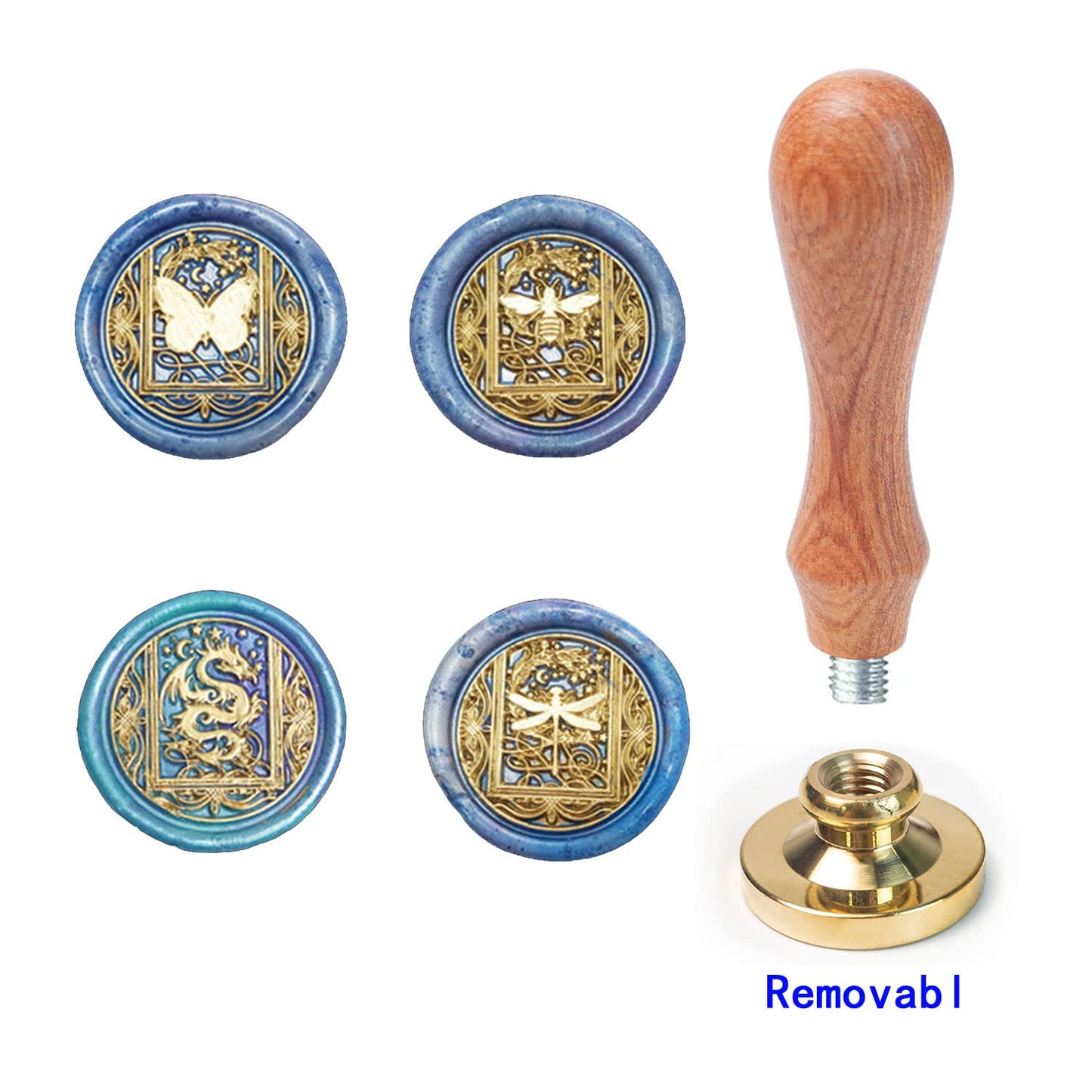 Animal Wax Seal Stamp Set with 4 PCS Removable Brass Heads and 1 Wooden Handle - Retro Starry Butterfly Dragonfly Bee Dragon Sealing Wax Stamp for Cards Invitations