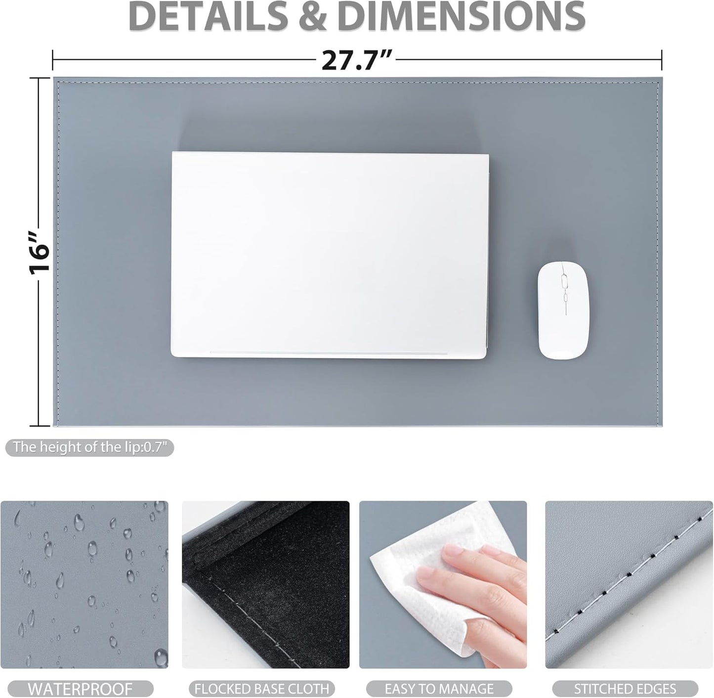 AKOZLIN 27.55”x 15.8" Soft PU Leather Surface Office Desk Mouse Mat Anti-Push Pad with Full Grip Fixation Lip Table Blotter Edge-Locked Protector Grey