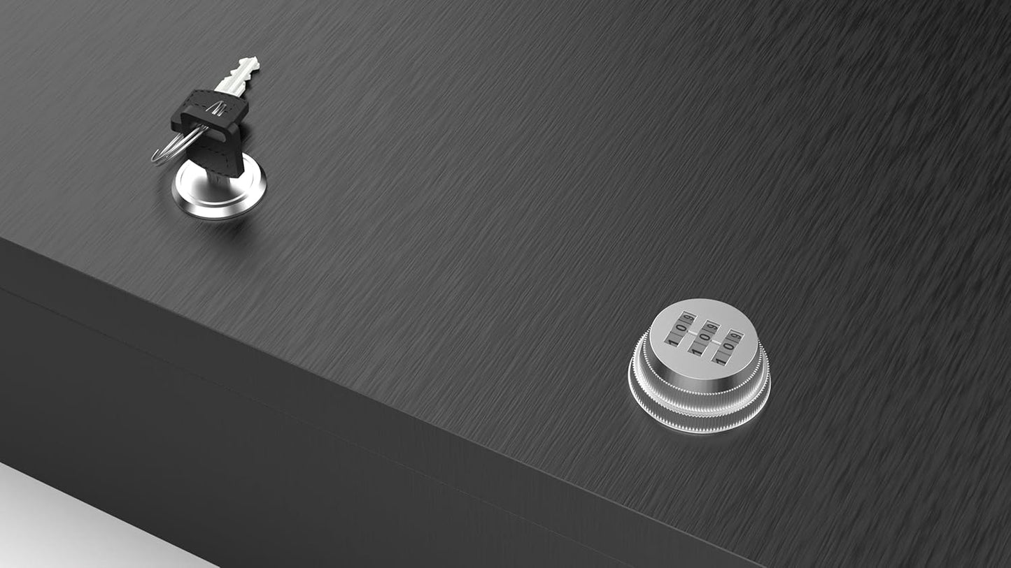 Fire Retardant Large Strong Box, Dual Combination and Key Lock Steel Security Chest Fits Legal Documents & More Flat, Fire Resistant to Safeguard Vitals, 0.43 Cubic Ft, 18" x 10" x 3.5" Interior