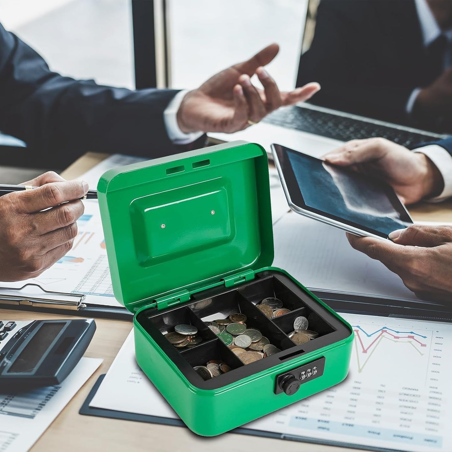 xydled Cash Box with Money Tray,Locking Cash Box with Combination Lock,Money Box with Removable Coin Tray,Medium,7.87"x 6.30"x 3.54",Green