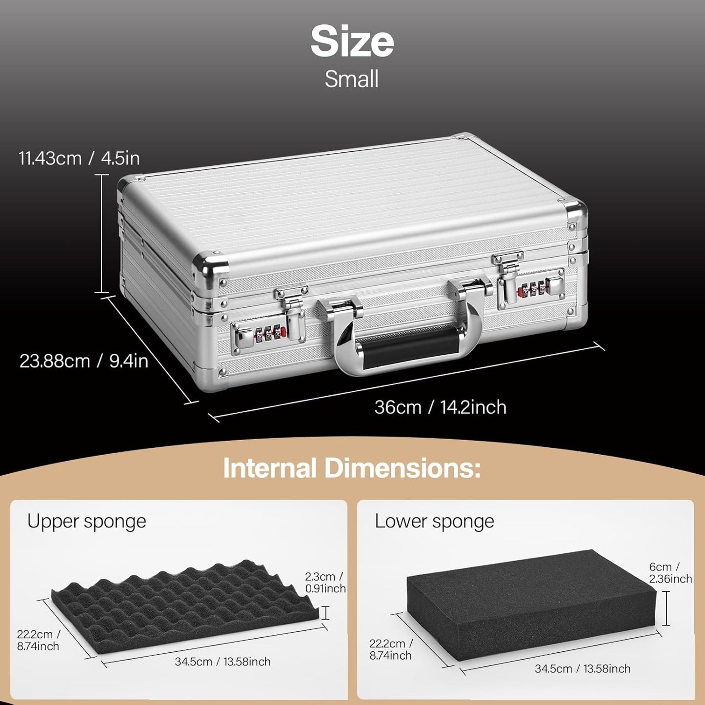 Combination Lock Box - Locking Storage Case with Customizable Foam, 14.2" Portable Lockable Case for Personal Items, Valuables, Documents, Briefcase for Jewelry, Cash, Medications, Silver