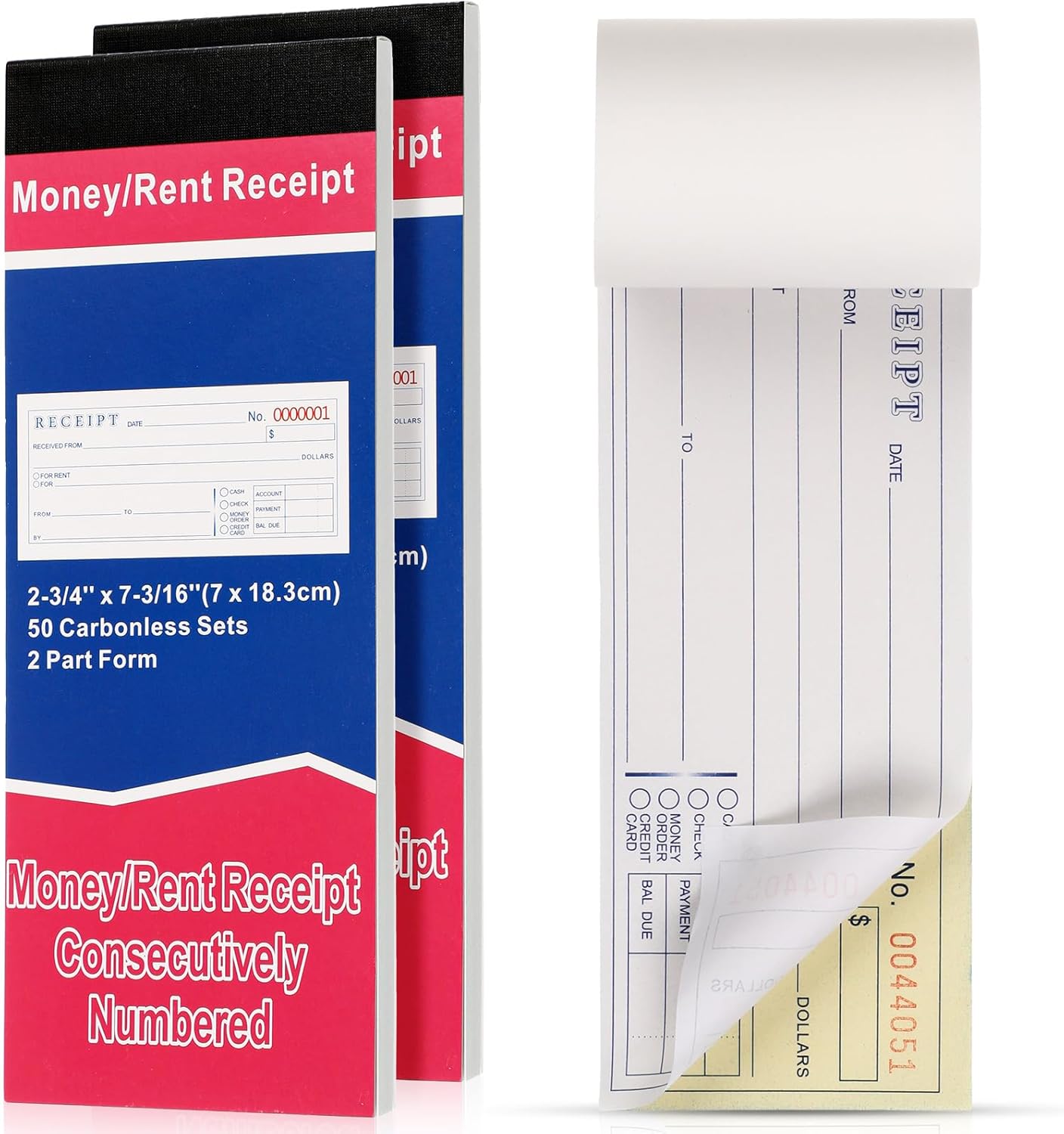 Crtiin 2 Pads Money and Rent Receipt Book 2.75 x 7.2 Inch Bound Cover 2 Part Carbonless Receipt Book with Carbonless Copies Receipt Log Book 50 Sets Per Book