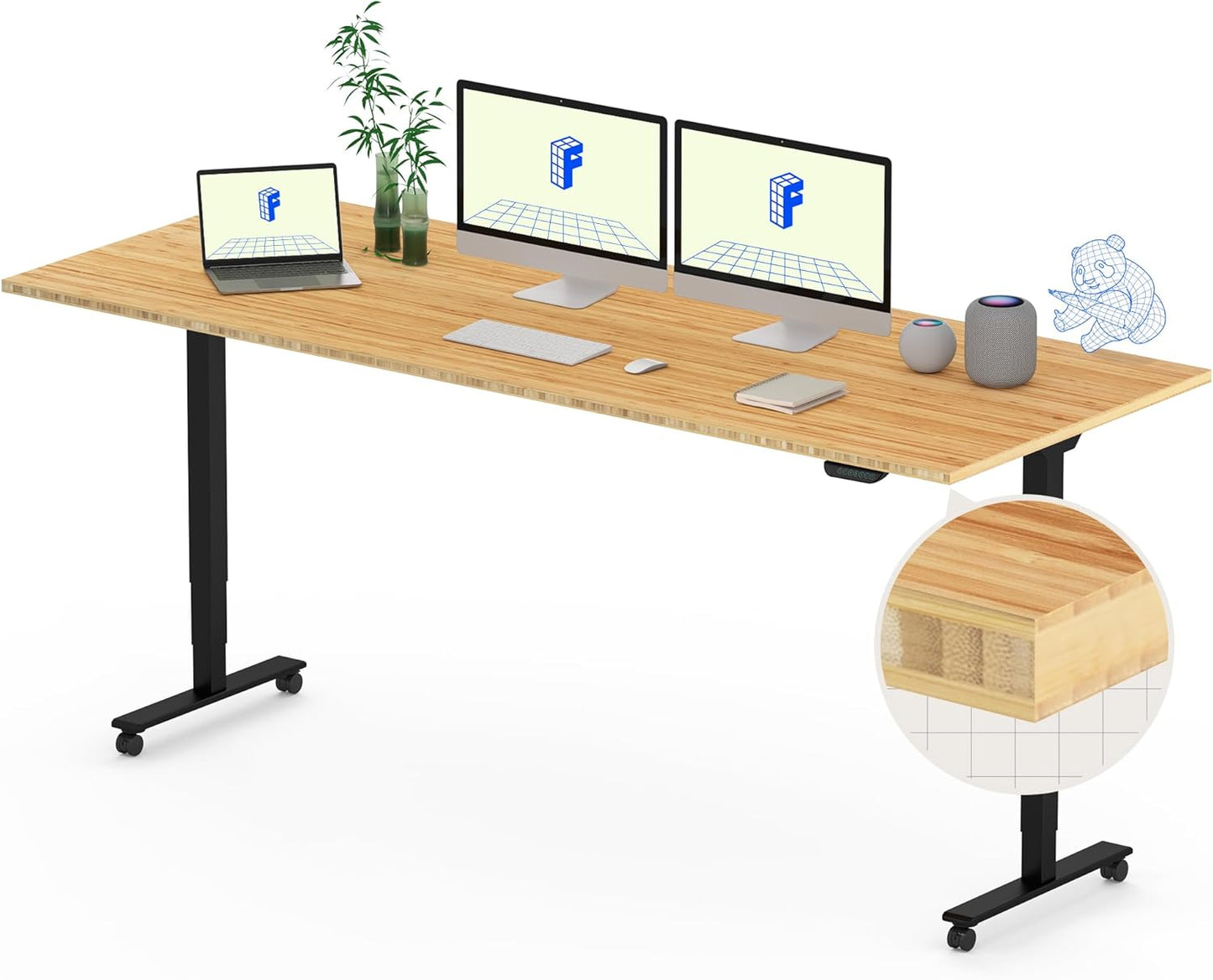 FLEXISPOT E6 MAX Bamboo Dual Motor 3 Stages Standing Desk 78x30 Inch Whole-Piece Board Electric Height Adjustable Stand Up Desk 150KG Load Capacity(Black Frame + Bamboo Desktop)
