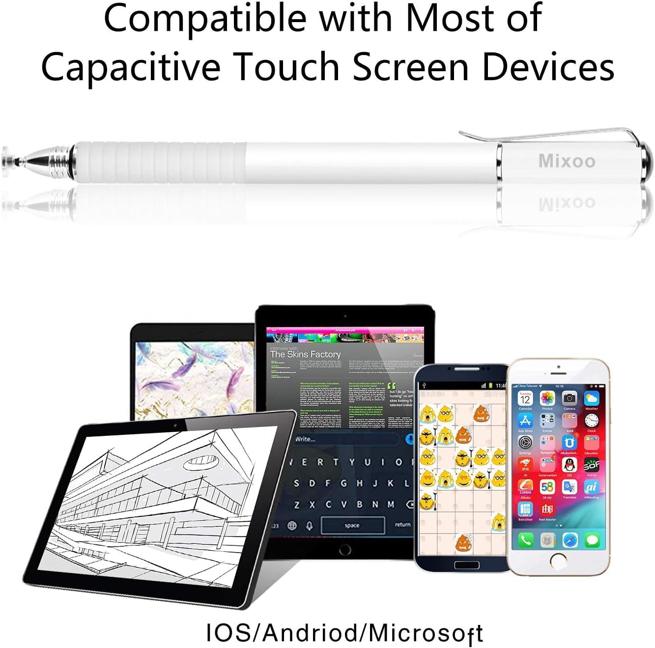 Mixoo Stylus Pens for Touch Screens - Disc & Fiber Tip 2 in 1 High Sensitivity Universal Stylus for iPad, iPhone, Tablets and Other Capacitive Touch Screens (White)