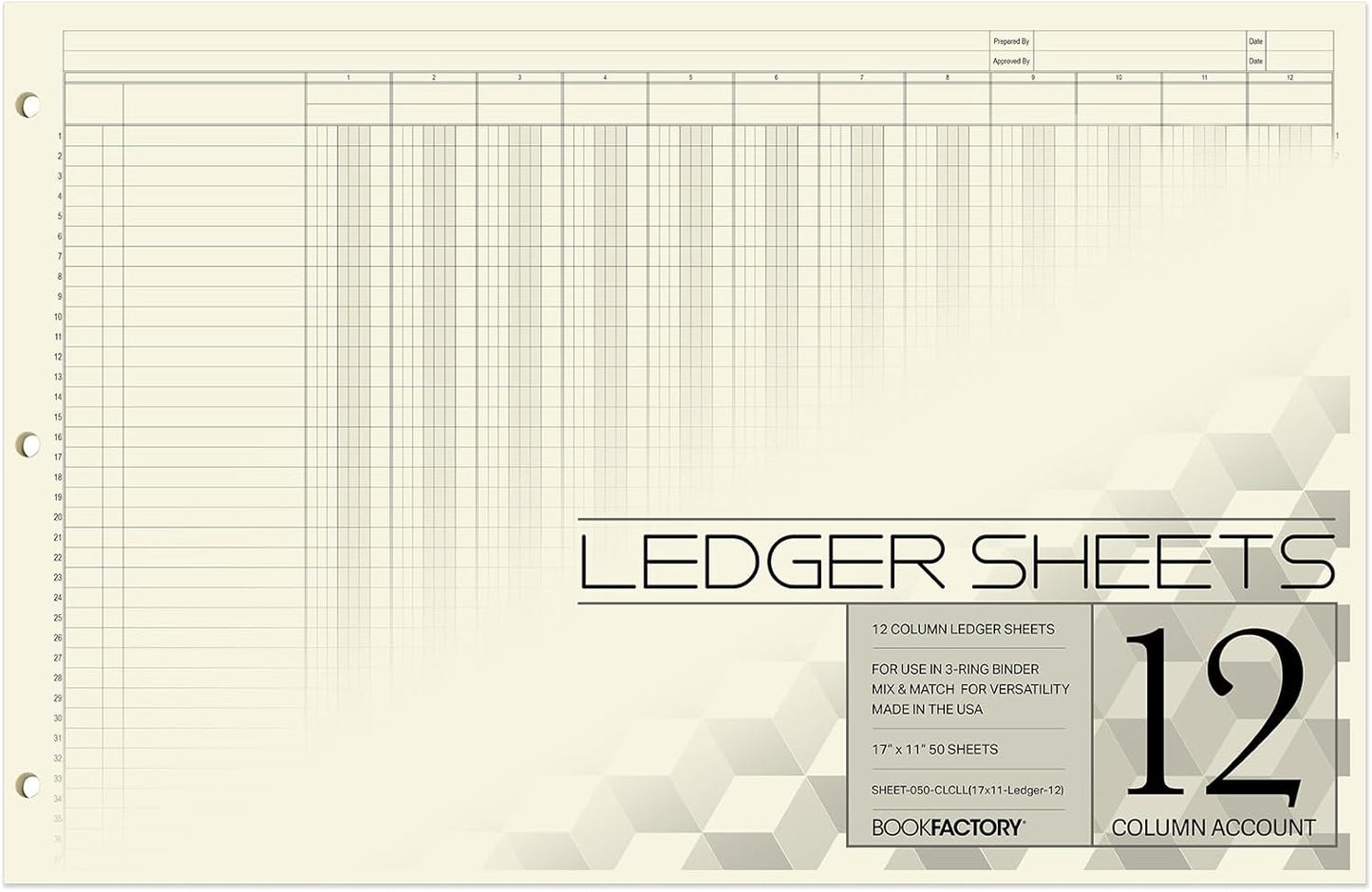 BookFactory Ledger Sheets/Large 12 Column Accounting Ledger Columnar (Twelve Columns) Loose Leaf Paper - 17'' x 11'', 50 Pages, Loose Leaf, 3 Hole Punched (SHEET-050-CLCLL(17x11-Ledger-12)-AX)