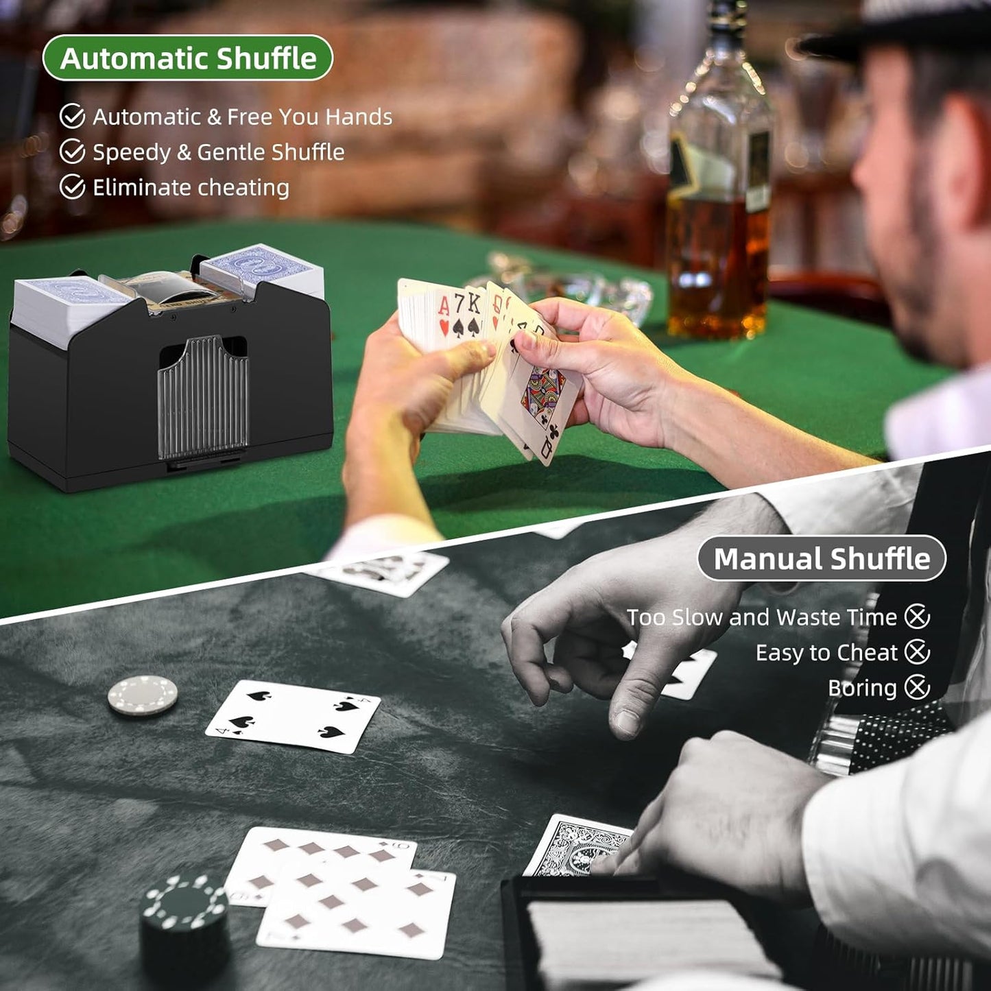 Automatic Card Shuffler 1/2/4/6 Decks,Battery Operated Electric Playing Card Shuffler for UNO,Casino Card Game,Poker,Phase 10,Blackjack,Texas Hold'em,Home Card Games