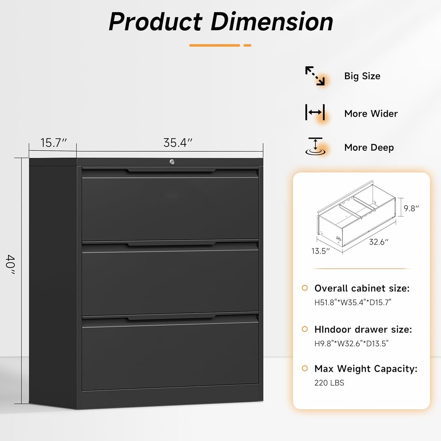 Lateral File Cabinet with Lock, 3 Drawer Lateral Filing Cabinet for Office Home, Locking Metal Steel Wide for Hanging Files Letter/Legal/F4/A4 Size, Easy Assemble Black
