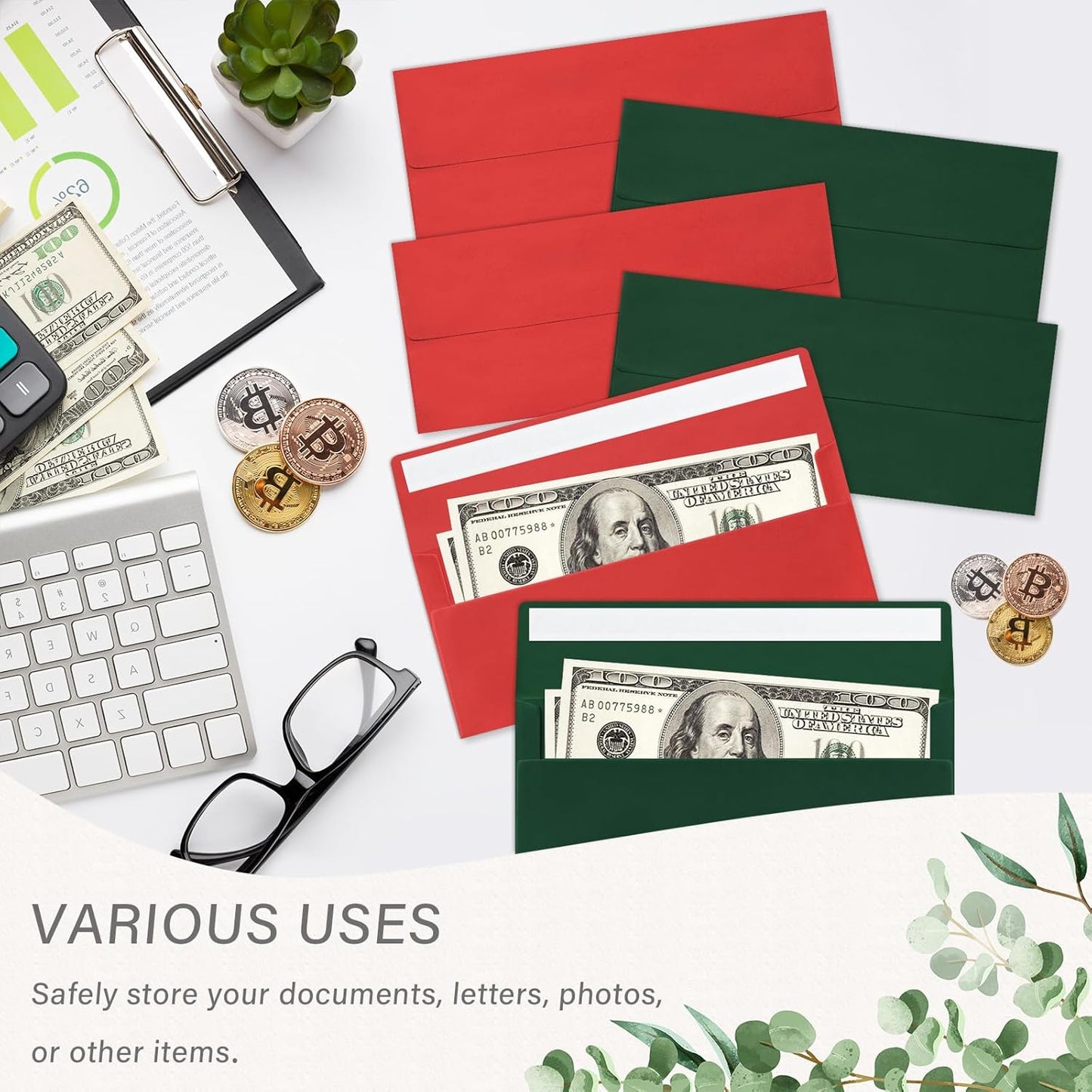 100 Pack #10 Christmas Red and Green Envelopes Letter Size, Business Envelopes Self Seal for Invoices, Letter Mailing, Office Checks, 4 1/8 x 9 1/2 Inches