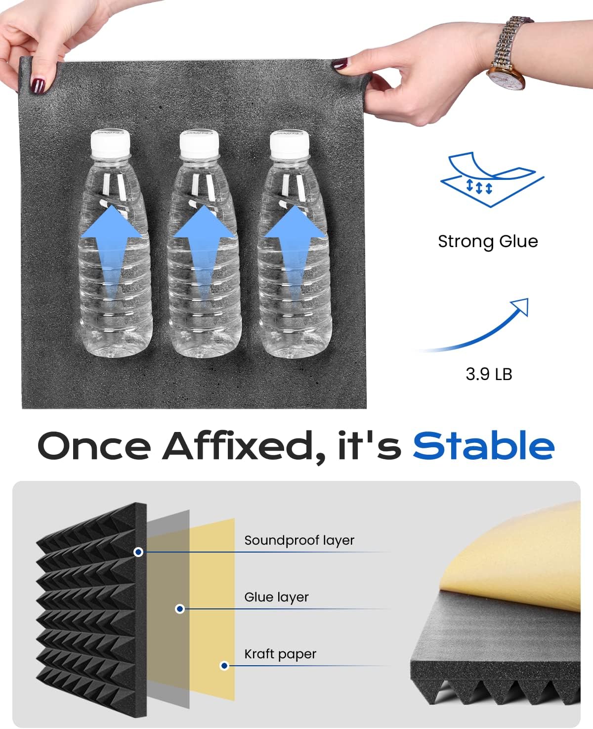 Sonicism Sound Proof Foam Panels for Walls Self-Adhesive Pyramid 48 Pack,12" X 12" X 1"Soundproof Wall Panels,35kg/m³High DensityAcoustic Panels Fast Expand,Sound Absorption and Decoration(Black)