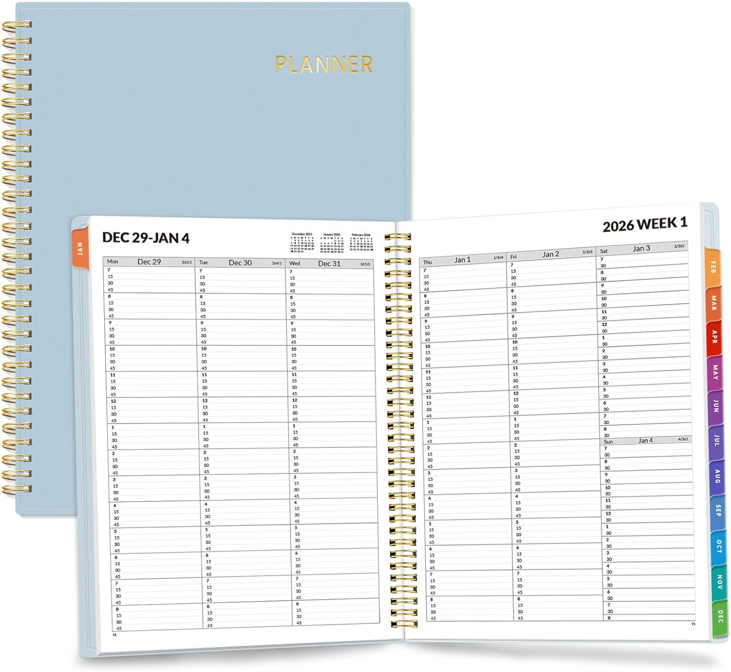 SUNEE 2026 Appointment Book, Quarter-Hourly, Weekly & Monthly - from January 2026 - December 2026, 8.5"x11" Weekly Planner, Flexible Cover, Note Pages, Pockets, Bookmark, Spiral Binding, Gray Blue