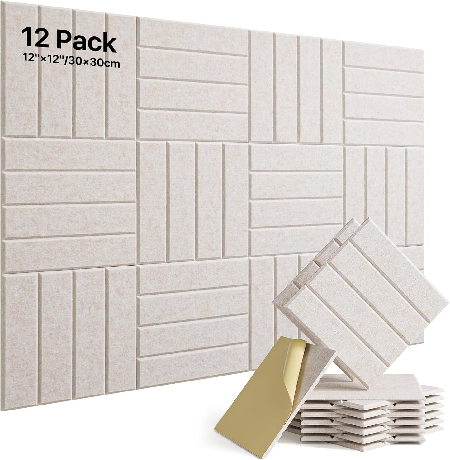 12 Pack Sound Proof Foam Panels for Walls, Self-Adhesive Acoustic Panels Sound Absorbing, 12" X 12" X 0.4" High Density Soundproof Wall Panels Tiles for Door, Ceiling, Home Office, Beige