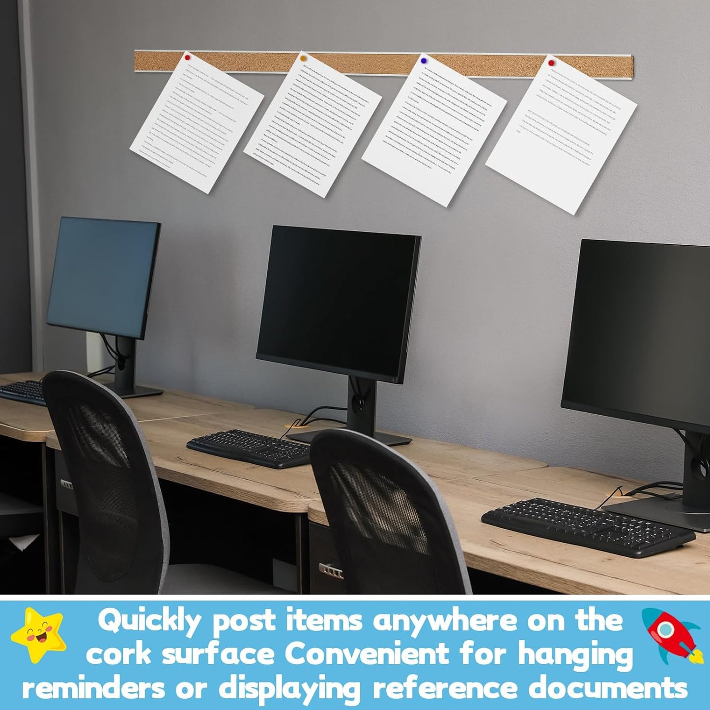 3 Pcs 72'' x 2" Cork Board Strip for Wall - Bulletin Bar Tack Board With Aluminum Trim - Brown Cork Strips for Classroom, Office Walls, Cubicle
