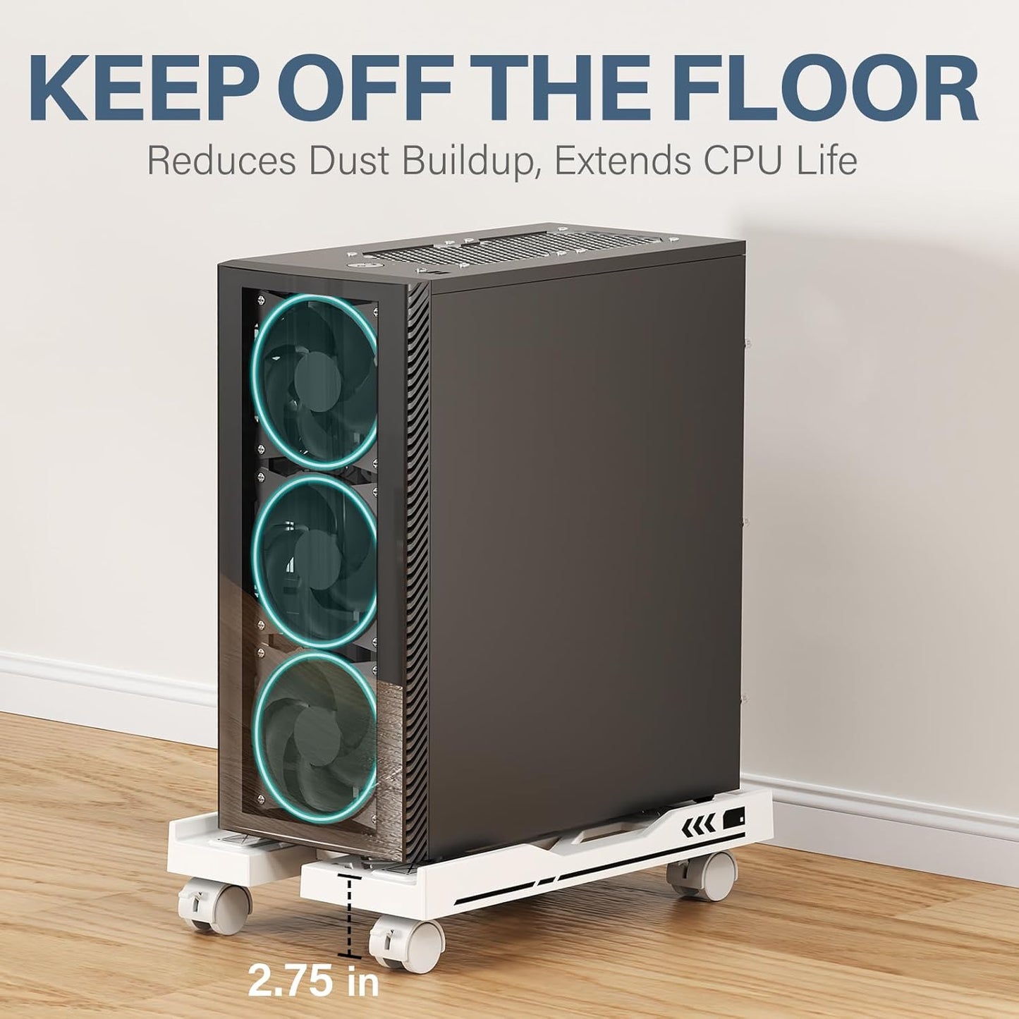 Adjustable Computer Tower Stand, Mobile PC Stand for Floor with 4 Locking Caster Wheels Fits Most PC, Under Desk CPU Holder for Office, Gamers and Students (White)