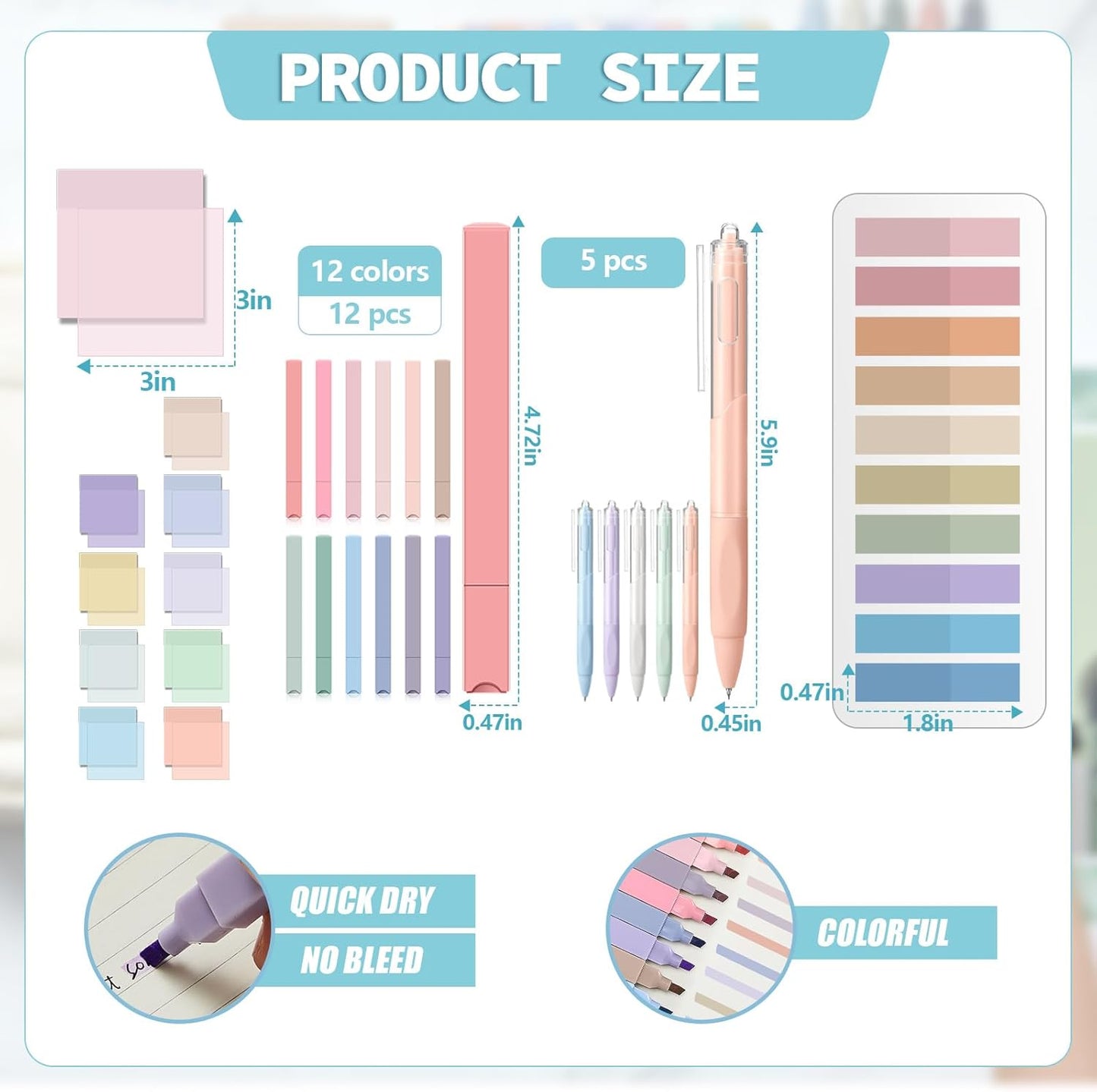 Jutom 39 Pcs Aesthetic Book Annotation Kit Highlighter with Pencil Case Bag Gel Pen Transparent Sticky Note Taking Bible Study College School Supplies(Light Blue,Classic Style)