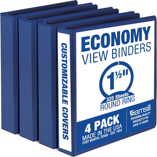 Samsill 1.5 Inch 3 Ring Binders, Made in USA, Economy Round Ring, Clear View Cover, 325 Sheet Capacity - for School, Home, Office - Blue, 4 Pack