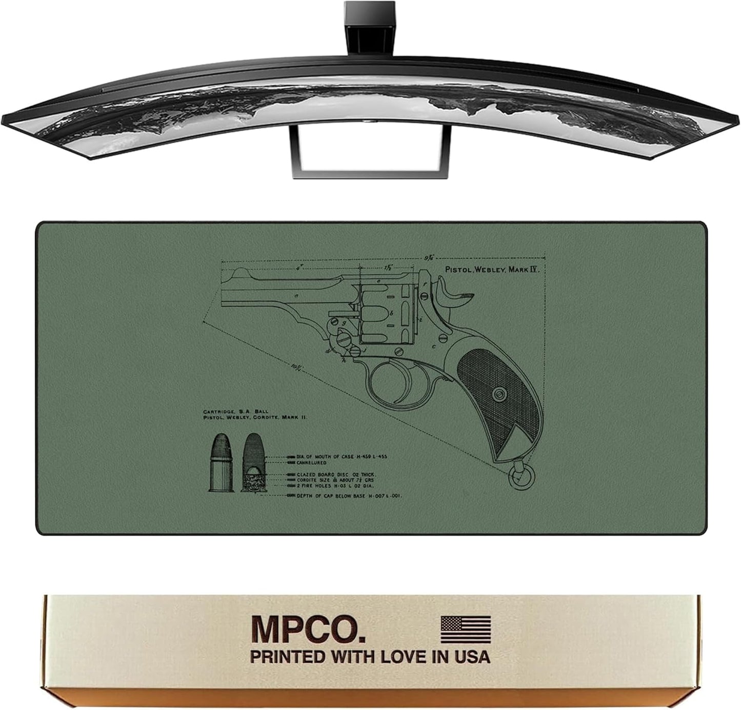MPCO. Blueprints Large Gaming Desk Pad - 36" x 17" Aeroglyde Fabric Pistol Webly Mark IV – Green Desk Mats - Non-Slip, Washable, Smooth Glide for Precision Gaming & Work