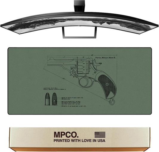 MPCO. Blueprints Large Gaming Desk Pad - 36" x 17" Duraglyde Fabric Pistol Webly Mark IV – Green Desk Mats - Non-Slip, Washable, Smooth Glide for Precision Gaming & Work