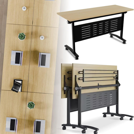 Folding Conference Room Table, Modern Conference Tables with Wheels, Large Rectangular Mobile Training Tables for Office Classroom, Foldable Modular Boardroom Seminar Table Maple (2pack L63in)