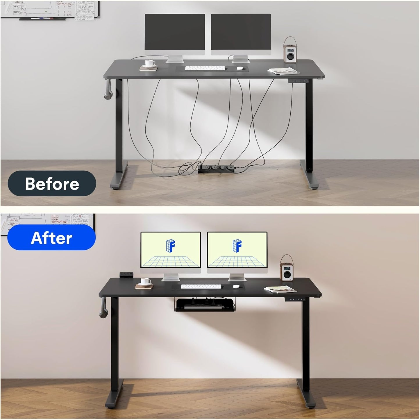 FLEXISPOT Standing Desk Frame with Clamp Power Strip and Cable Management Tray, Electric Sit Stand Desk Base with Memory Controller for Home and Office (Black Frame Only)