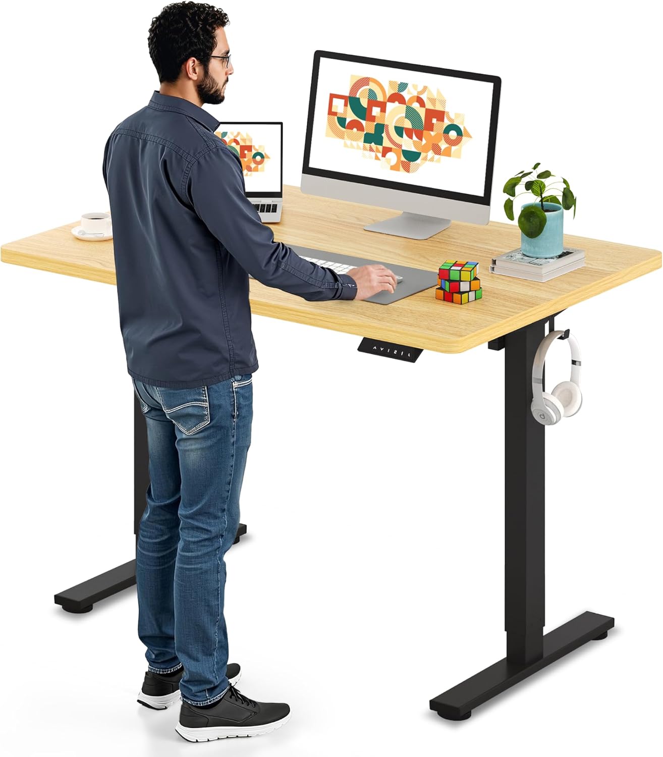 SANODESK Electric Standing Desk 48 x 30 Inches Whole-Piece Desktop Height Adjustable Stand Up Desk w/6-Button Controller Ergonomic Computer Desk for Home Office, Black Frame + Natural Tabletop