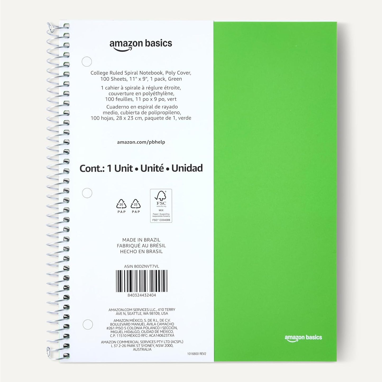 Amazon Basics College Ruled Spiral Notebook, Poly Cover, 100 Sheets, 11" x 9", Green, 1 pack