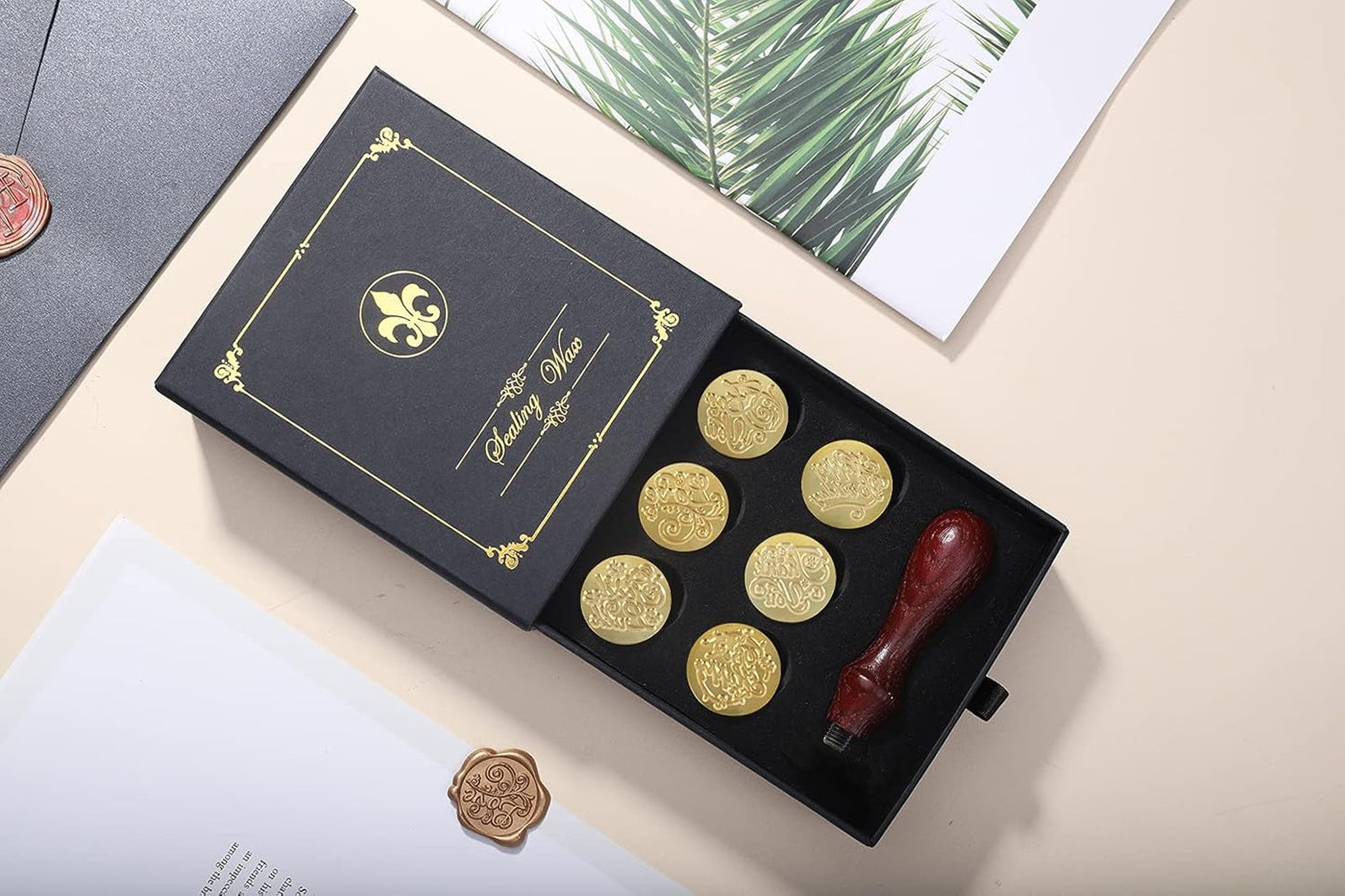 Wax Seal Stamp Gift Box Set, 6 Pcs Blessing Series Seals Copper, Wooden Hilt, Kit for Cards Envelopes, Gift Packaging