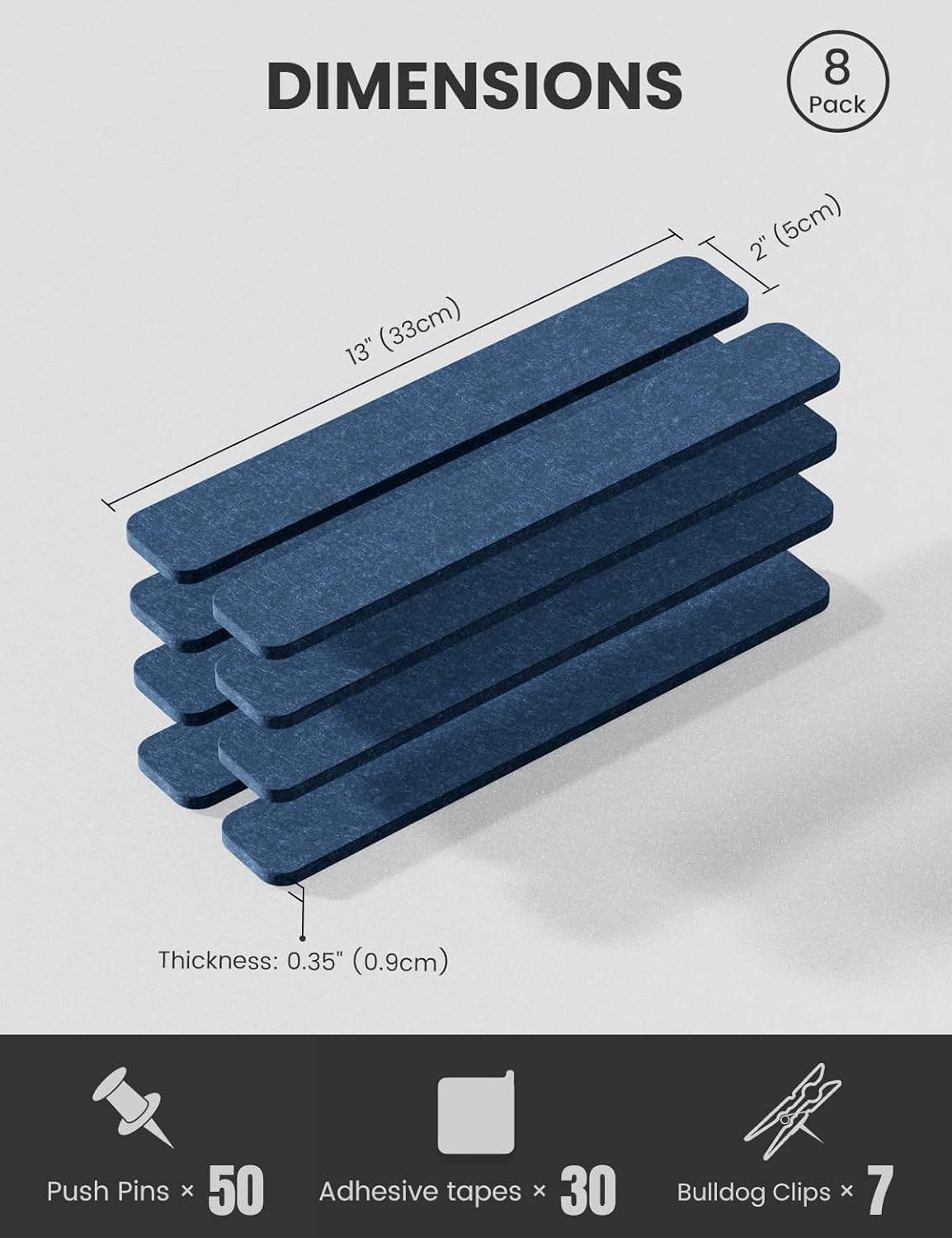 Cork Board Alternative Felt Strip Board 8-Pack 13"x2", Office Pin Board with 50 Push Pins, Adhesive Install for Bedroom Door & Home Office(Denim Blue)