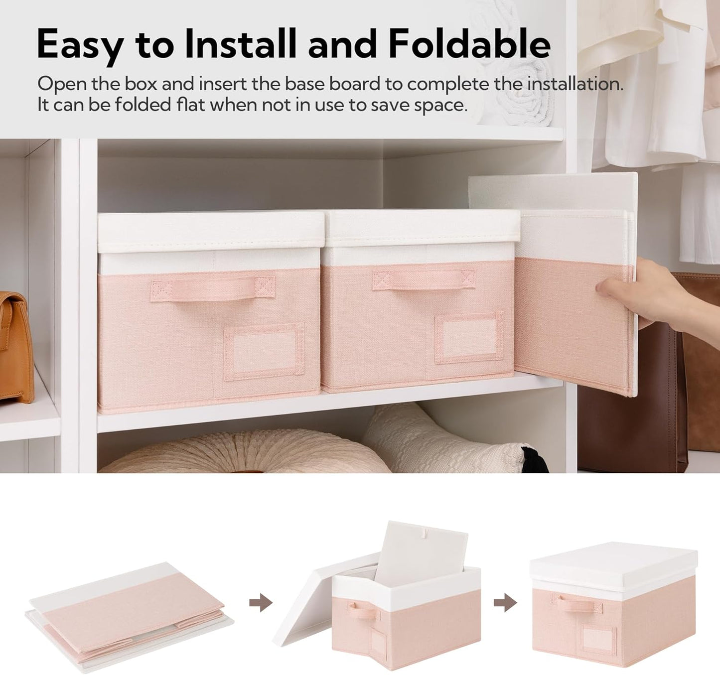 GRANNY SAYS Storage Bins with Lids, Storage Boxes for Organizing, Storage Baskets with Handles, Closet Organizers and Storage, Storage Bins for Shelves, Decorative Storage Boxes, 3-Pack, Pink&Ivory