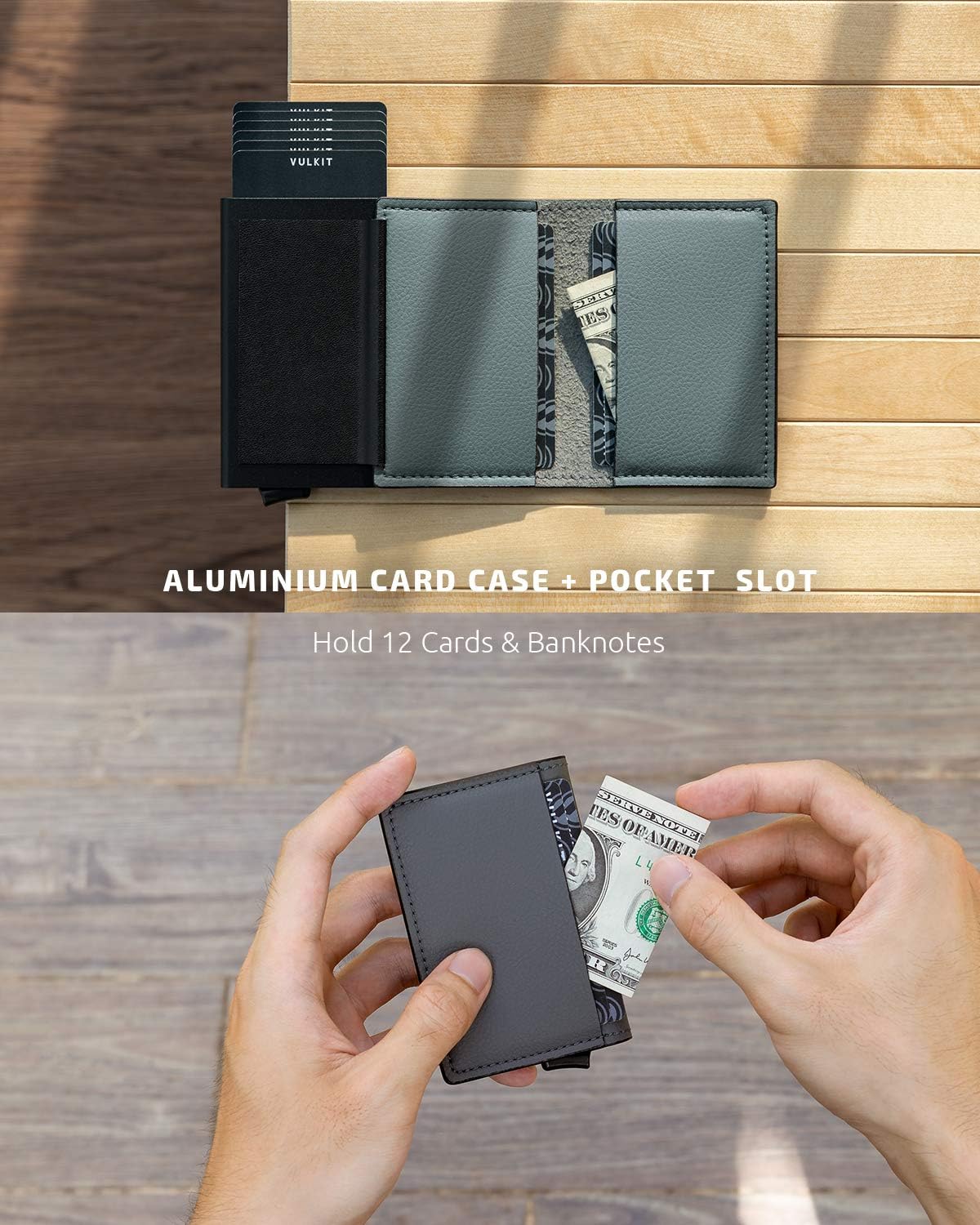 VULKIT Credit Card Holder RFID Blocking Leather Automatic Pop Up Wallet Aluminum Slim Pocket Business Card Case