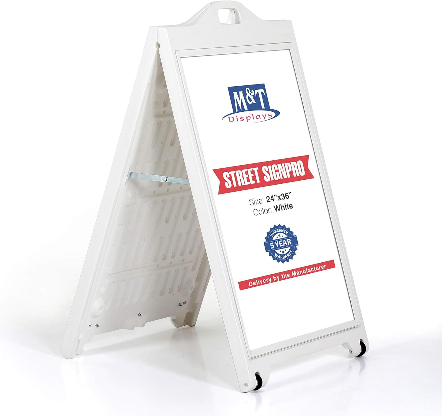 M&T Displays Street SignPro with Lens Protective Cover, 24x36 Inch Poster White Double Sided Sandwich Board Folding A-Frame Sidewalk Curb Sign Portable Advertising Display for Restaurant Cafe