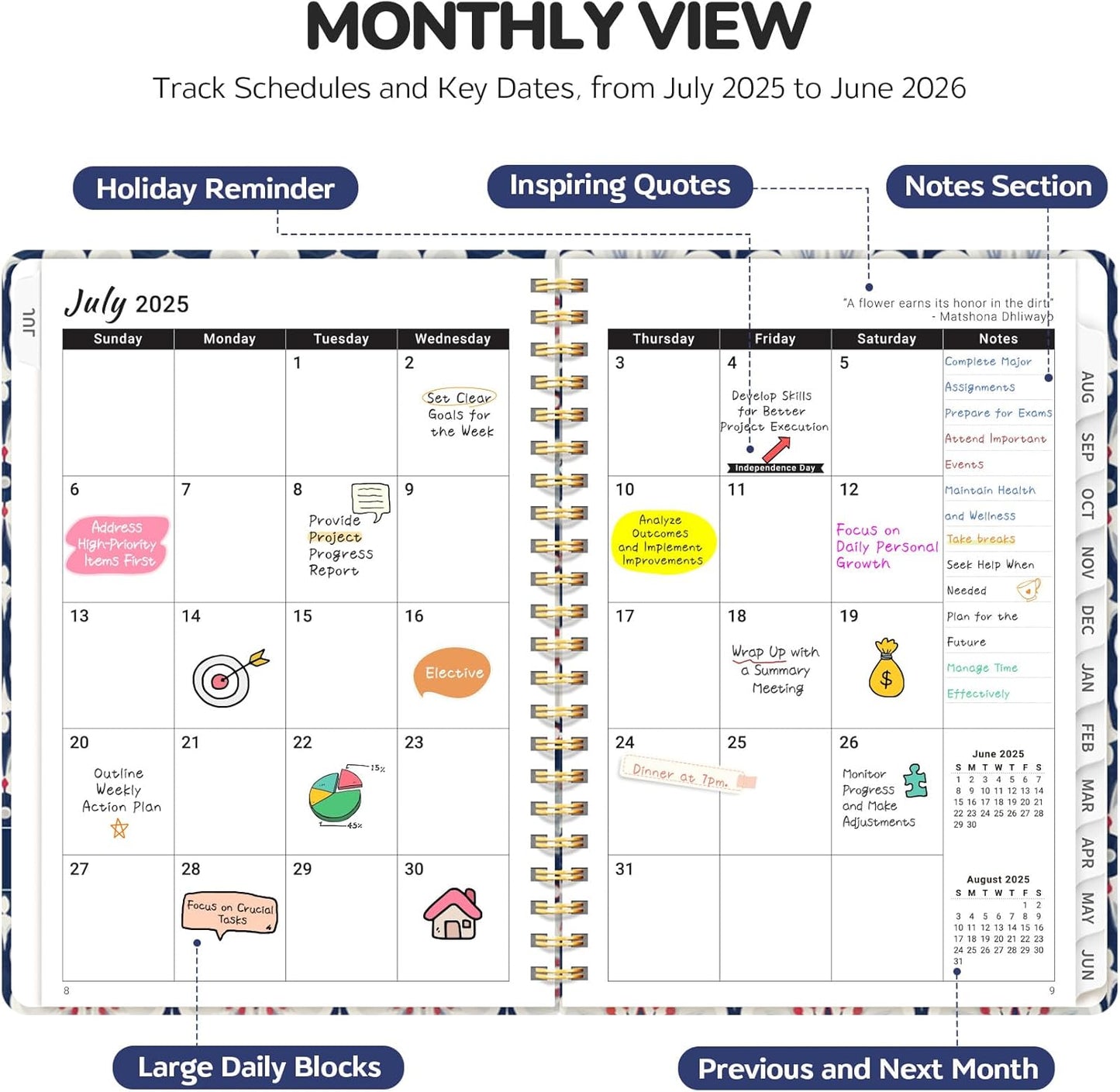 Planner 2025-2026, Academic Year Weekly and Monthly Calender Planner, July 2025 - June 2026, Spiral Bound School Planning Tool, Perfect for Teacher, Student, Women & Men - A5 (6.3" x 8.5"), Navy Bloom