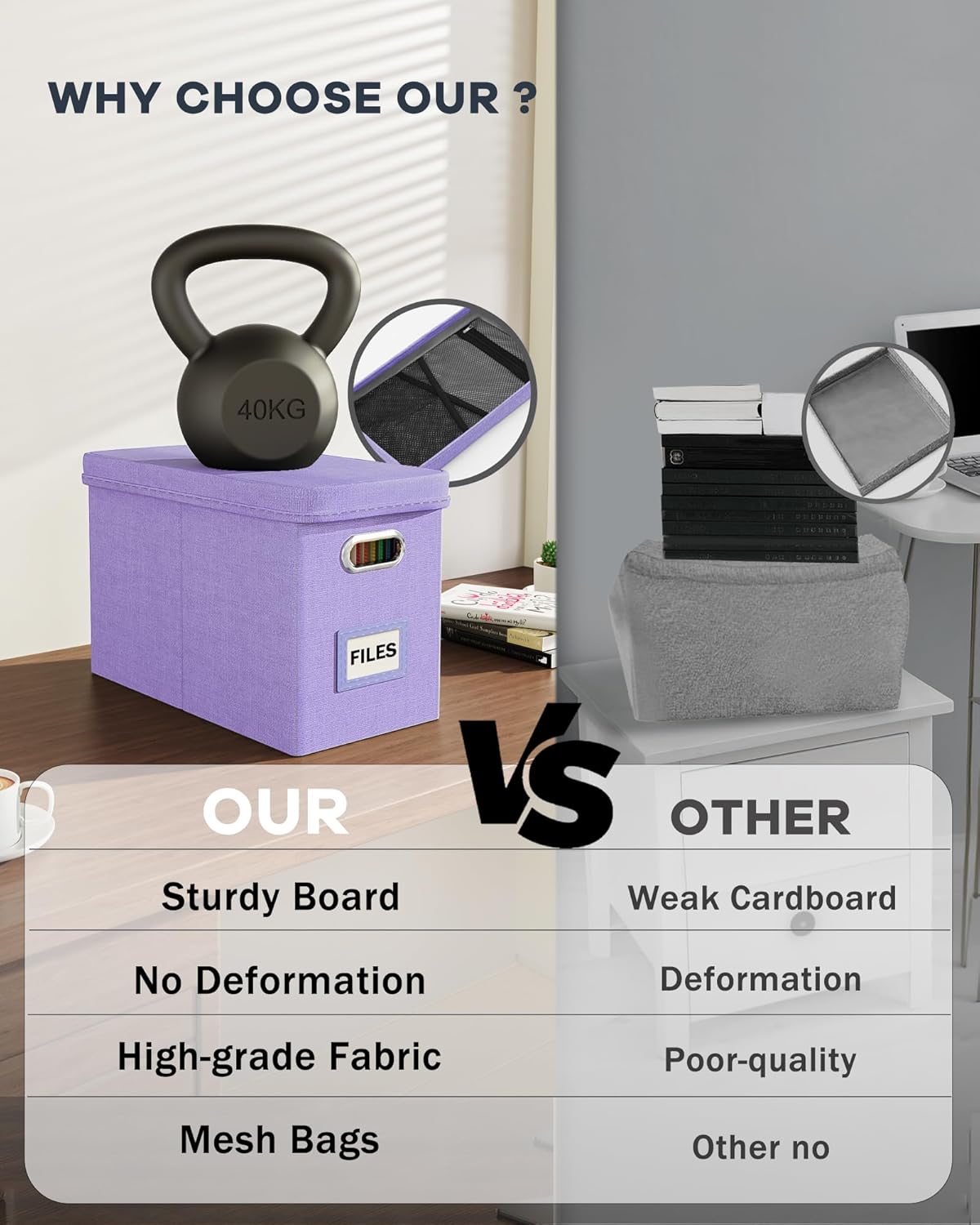 Oterri File Organizer Box with Lid, Hanging Filing File Box with Mesh Pocket, Document Organizer Box for Letter Files, Portable Storage Box with Smooth Sliding Rail for Office&Home (1 PCS, Lavender)