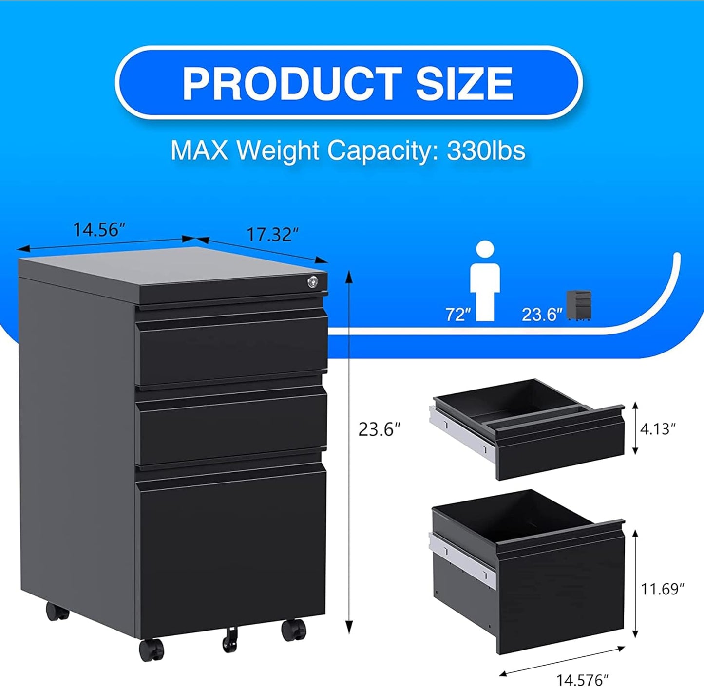 Aobabo 3 Drawer File Cabinet with Lock,Metal Filing Cabinet with Wheels for Home Office & Business Enterprise, Legal/Letter Size, Fully Assembled Except Wheels, Black