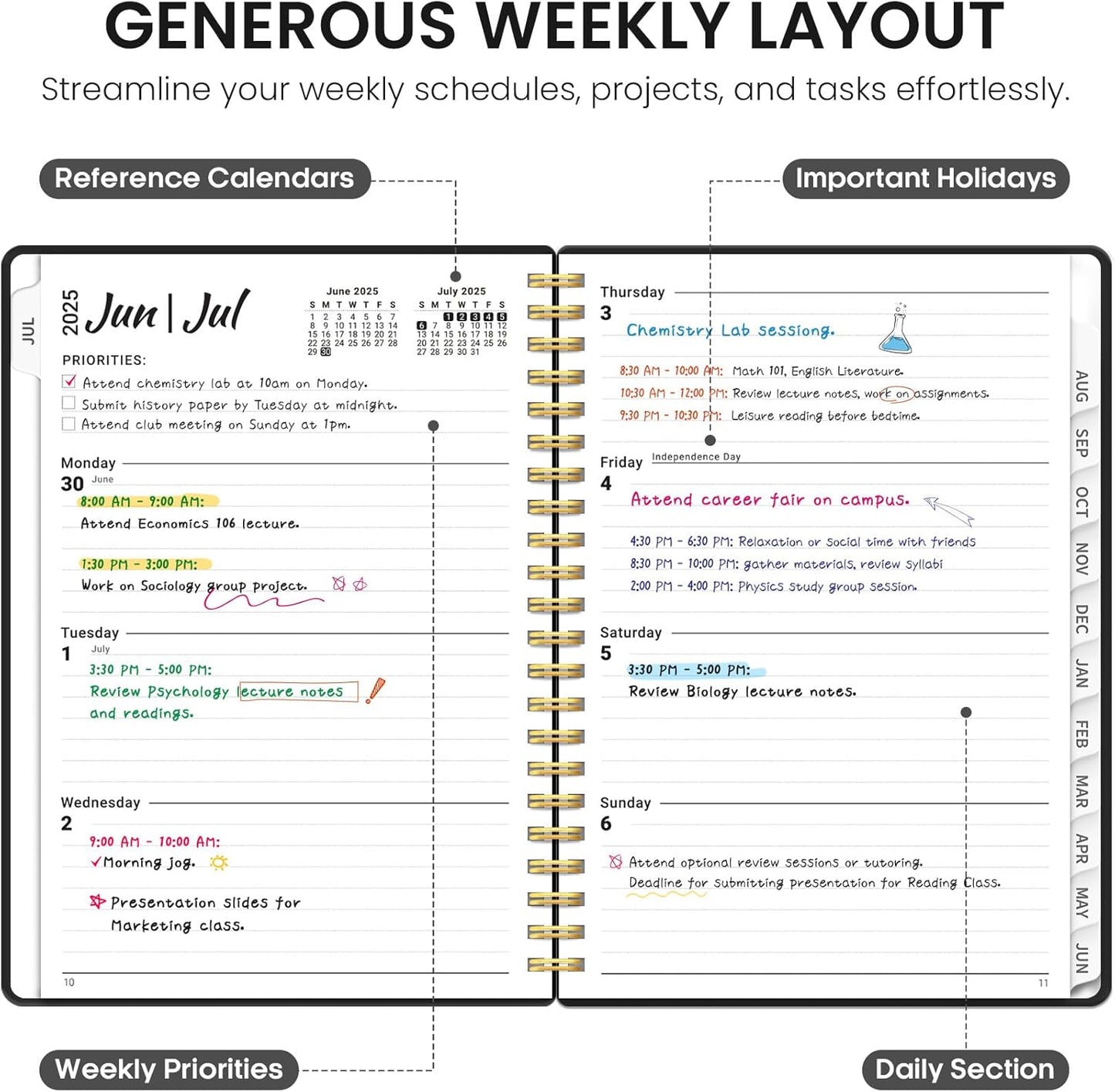 Planner 2025-2026, Academic Year Weekly and Monthly Calender Planner, July 2025 - June 2026, Spiral Bound School Planning Tool, Perfect for Teacher, Student, Women & Men - A5 (6.3" x 8.5"), Black