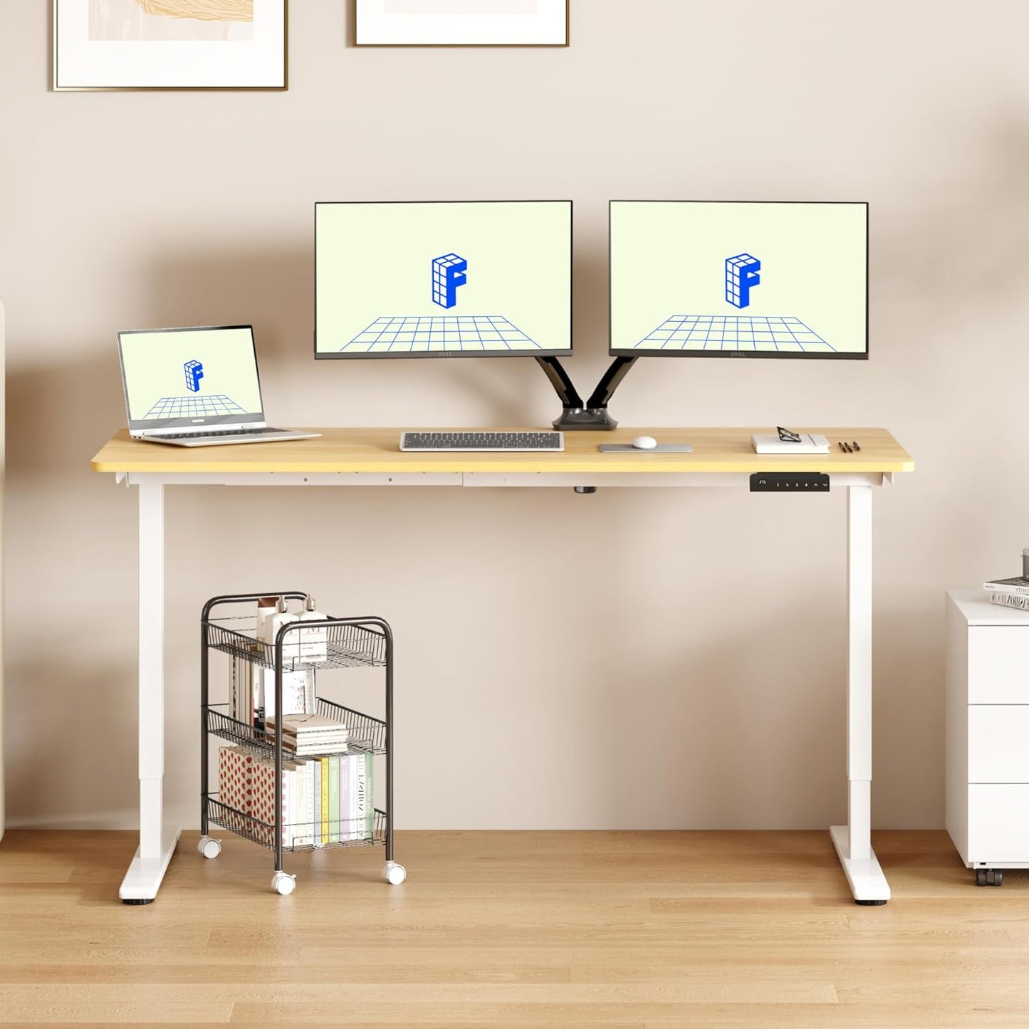 FLEXISPOT E3 Dual Motor Electric Standing Desk, 48x30 Inch Whole-Piece Board, Height Adjustable, Modern Style, White Frame + Maple Desktop, 4 Customizable Height Settings, 5-Year Warranty