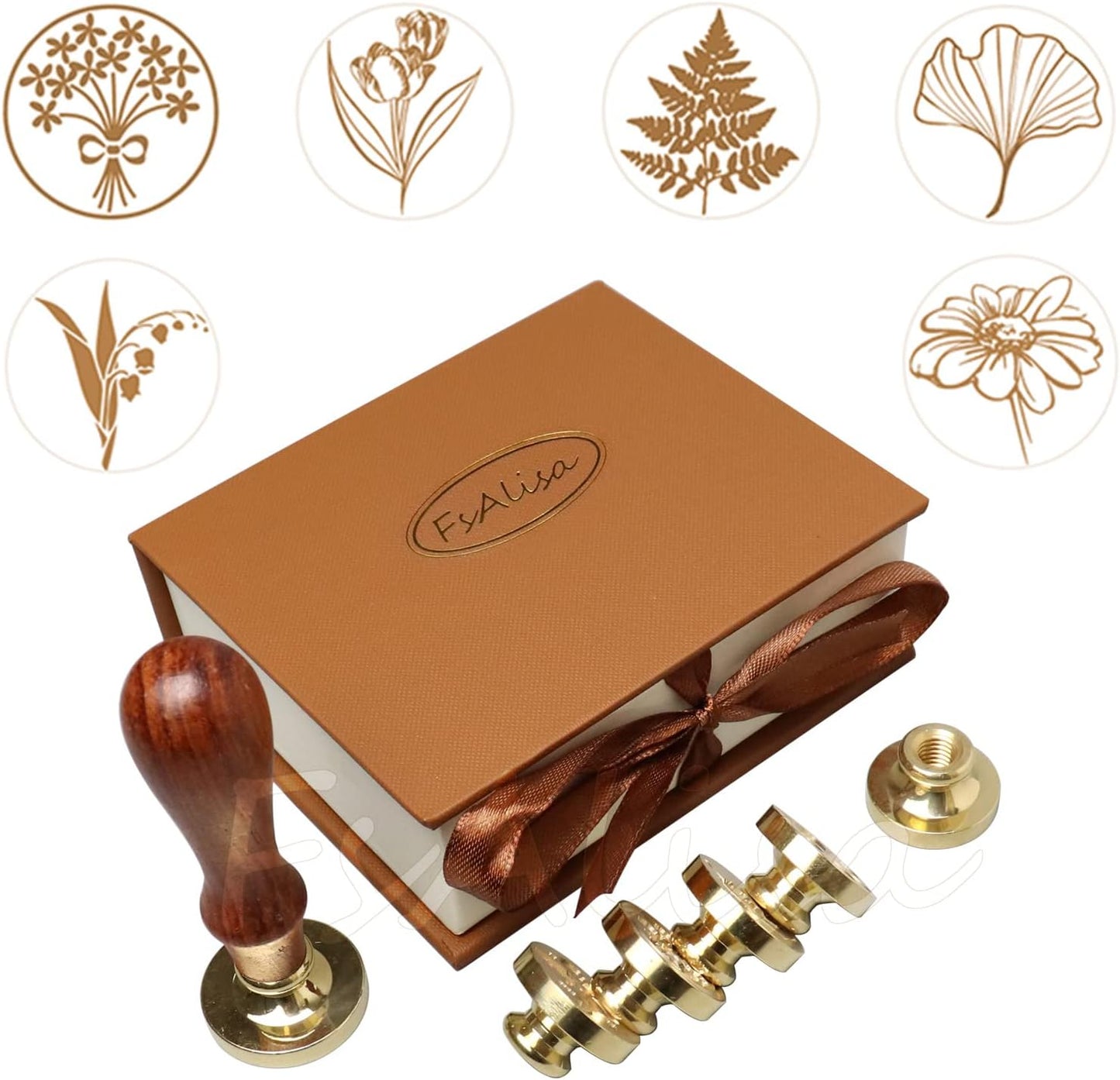 FsAlisa 6-Piece Copper Seals Stamp Set + Wooden Hilt, Vintage Sealing Wax Stamp Kit with Gift Box for Invitations, Cards, Letters, Envelopes, Wine Packages