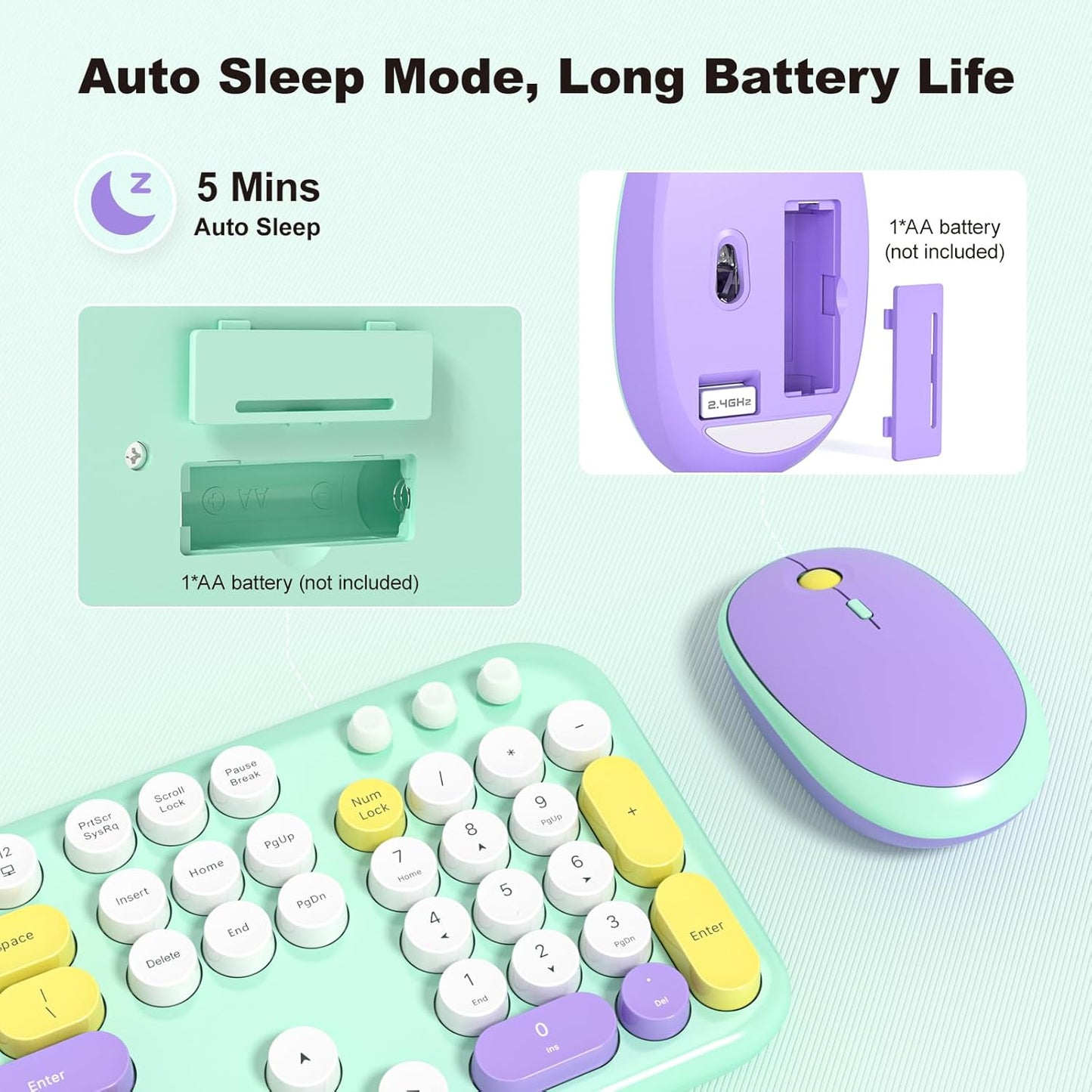 Wireless Keyboard and Mouse Combo, USB 2.4GHz Full Size Typewriter Keyboard with Number Pad and Colorful Mouse for Office PC Computer Desktop Laptop Windows 7 8 10 (Mint Green)