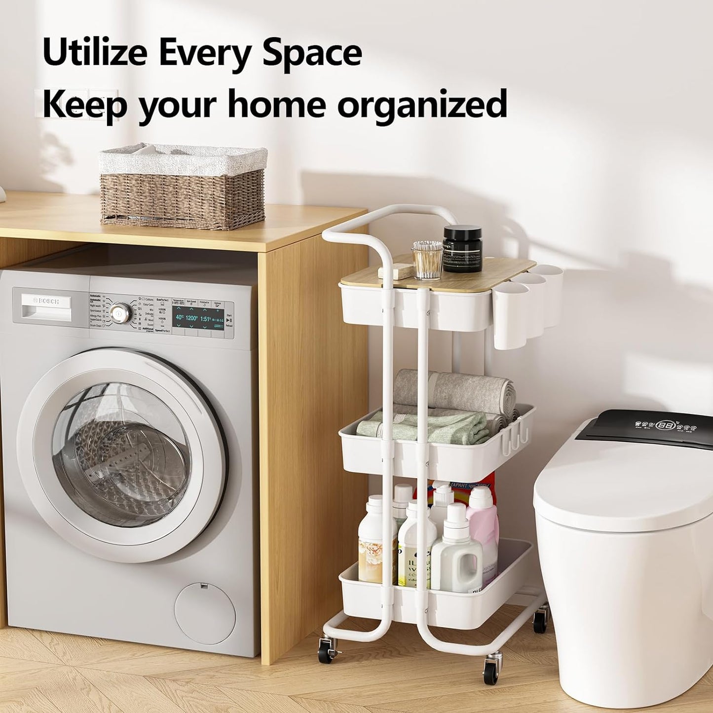 3 Tier Rolling Cart with Metal Handle, Table Top, Hanging Cups, Hooks, Plastic Storage Baskets& Wheels Lockable, Utility Cart for Bathroom Classroom Office Kitchen Pantry Organizers and Storage, White