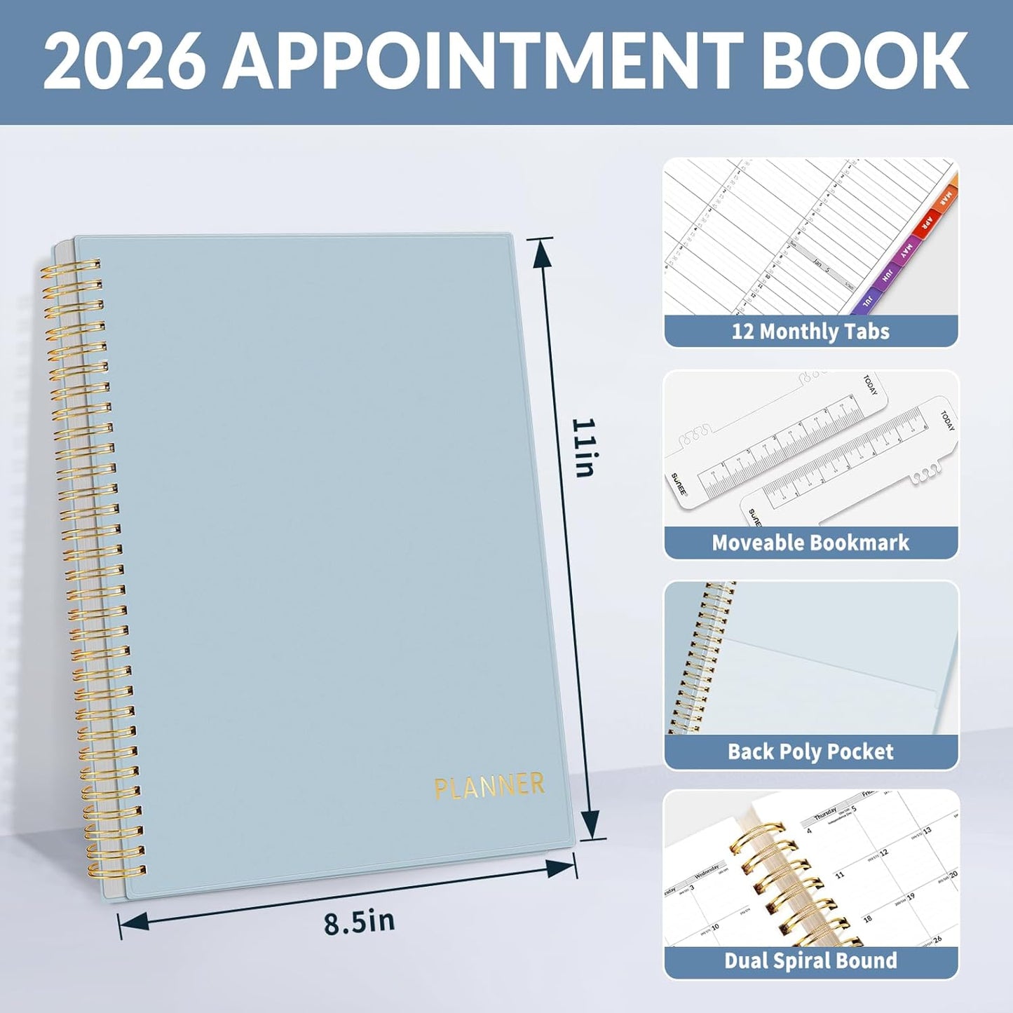 SUNEE 2026 Appointment Book, Quarter-Hourly, Weekly & Monthly - from January 2026 - December 2026, 8.5"x11" Weekly Planner, Flexible Cover, Note Pages, Pockets, Bookmark, Spiral Binding, Gray Blue