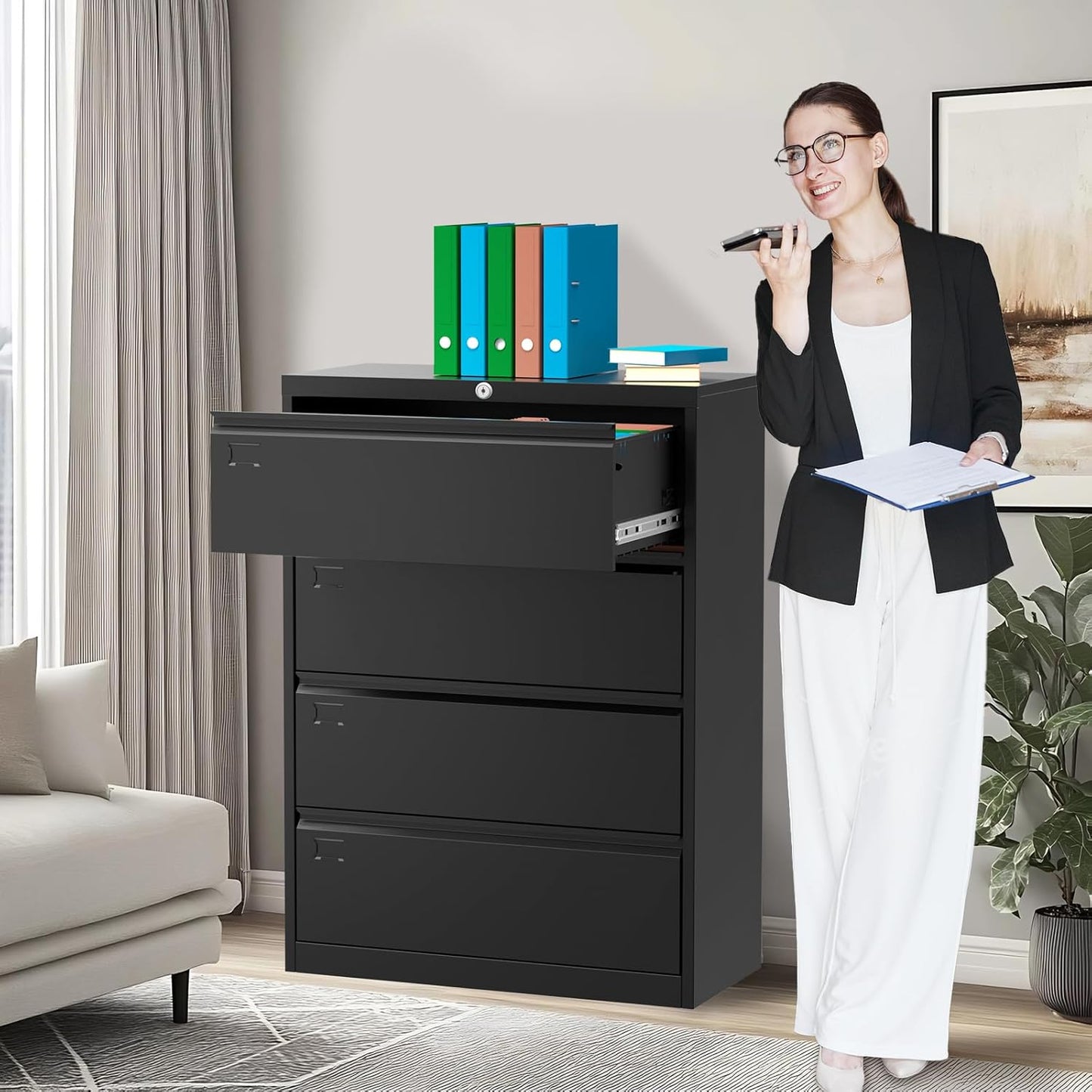 52inch High 4 Drawer Metal Lateral Filing Cabinet - File Cabinets, Lockable Storage, Organizes Hanging Files (Letter/Legal/F4/A4 Size), Requires Assembly