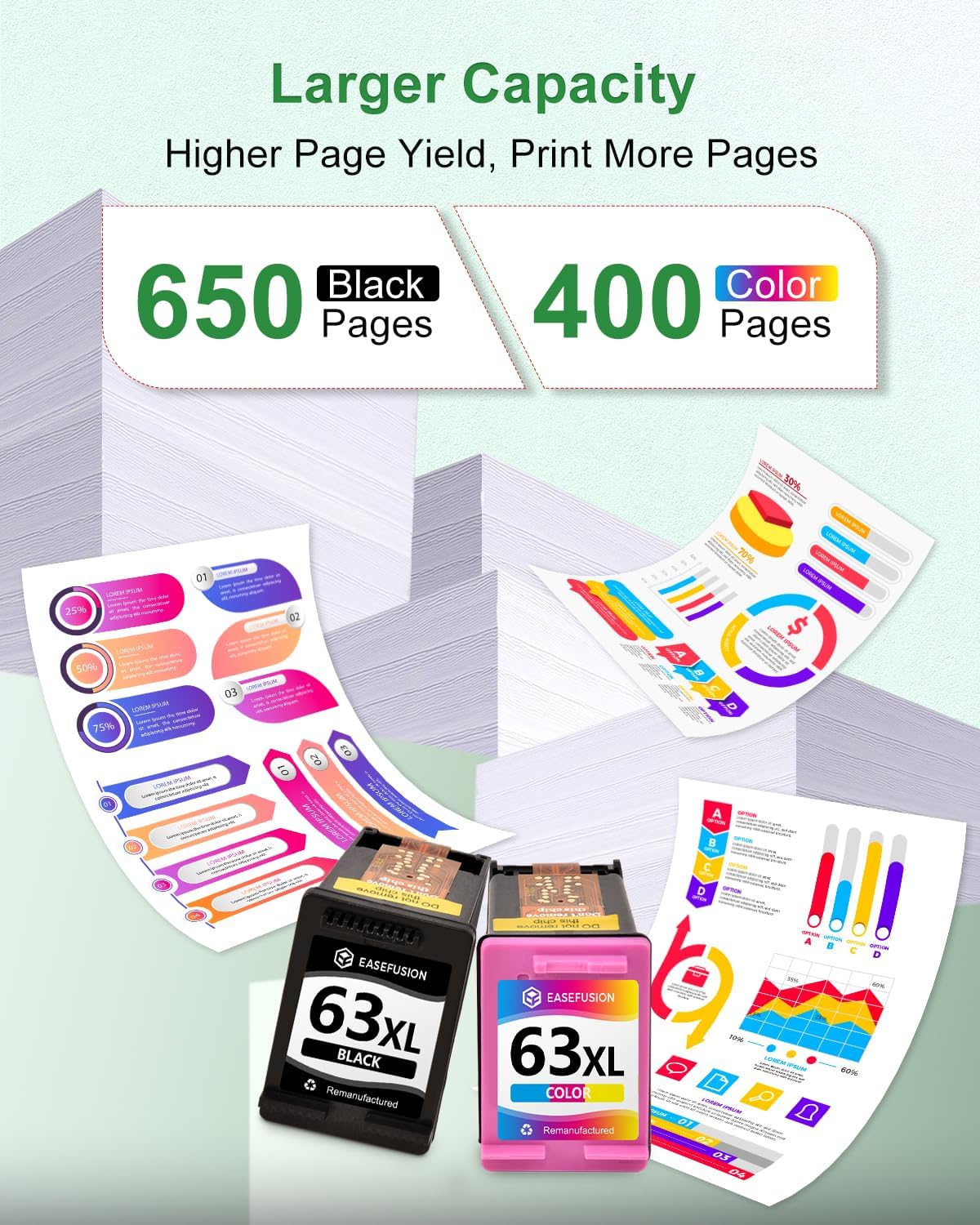 63XL Ink Cartridges Black and Color Remanufactured Replacement for HP Ink 63 63XL HP63XL HP63 Combo Pack Work for Envy 4520 4512 OfficeJet 3830 4650 5255 5258 4655 DeskJet 3630 2130 Printer