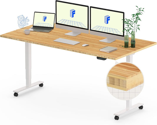 FLEXISPOT E6 MAX Bamboo Dual Motor 3 Stages Standing Desk 60x30 Inch Whole-Piece Board Electric Height Adjustable Stand Up Desk 150KG Load Capacity(White Frame + Bamboo Desktop)