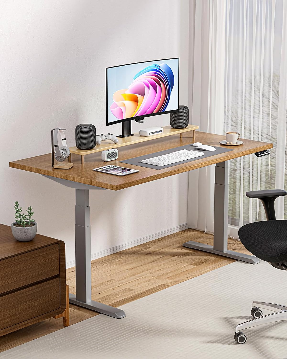 Okin Dual Motor Electric Standing Desk Frame with Memory Controller, Standing Desk Legs Up to 49.3", 3 Stage Off-Center C Feet Adjustable Desk Legs for Home and Office, Silver Frame Only