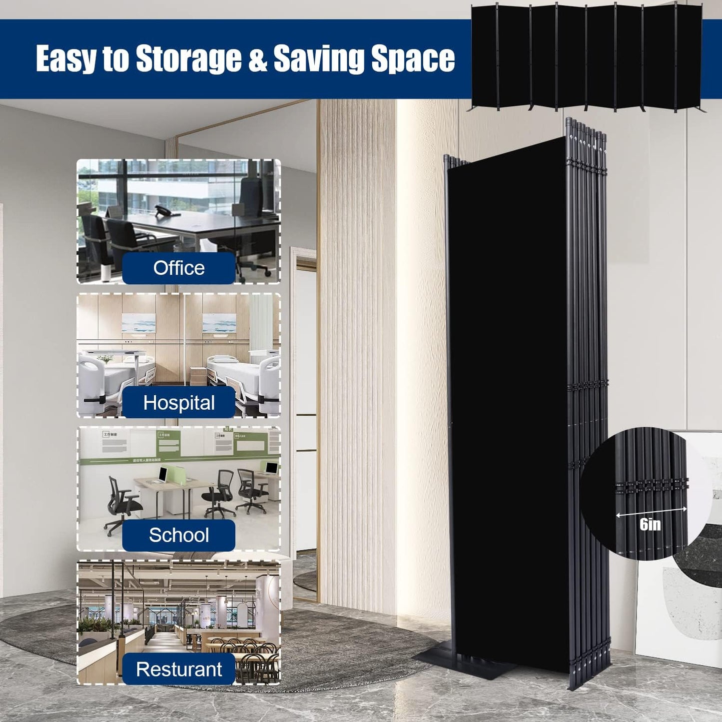 Room Divider 6FT Portable Room Dividers and Folding Privacy Screens, 176'' W Fabric Divider for Room Separation, 8 Panel Partition Room Dividers Freestanding Wall Divider Screen for Dorm Studio Office