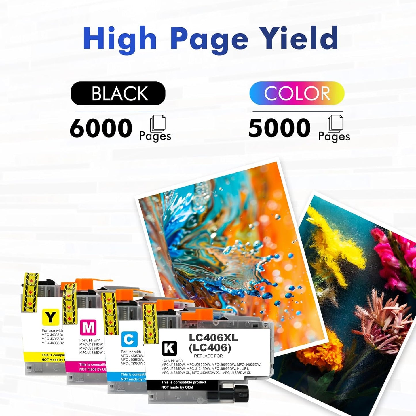 LC406 LC406XL Ink Cartridges for Brother Printer 406XL LC 406 XL for MFC-J4335DW MFC-J5855DW MFC-J6555DW MFC-J4535DW MFC-J6955DW MFC-J4345DW MFC-J5955DW - 4 Pack High Yields Black Cyan Magenta Yellow