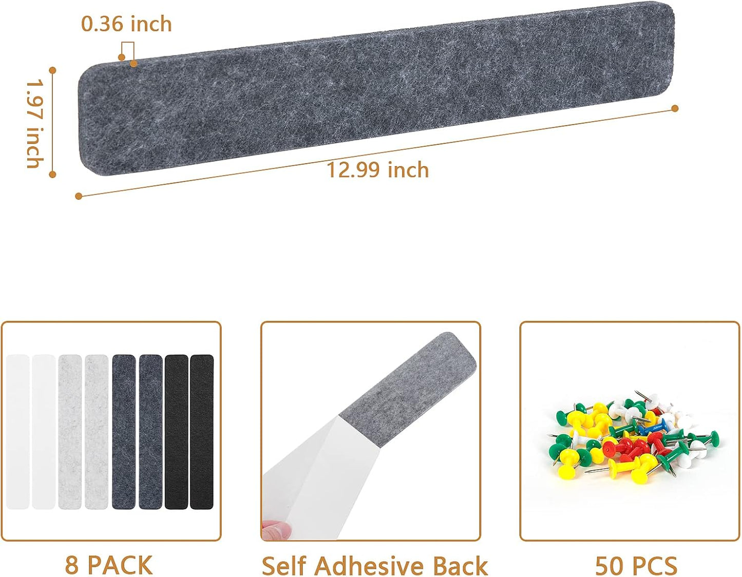 8 Packs Felt Pin Board Bar Strips Bulletin Board for Bedrooms Offices Home Wall Decoration, Notice Board Self Adhesive Cork Board with 50 Push Pins for Paste Notes, Photos, Schedules
